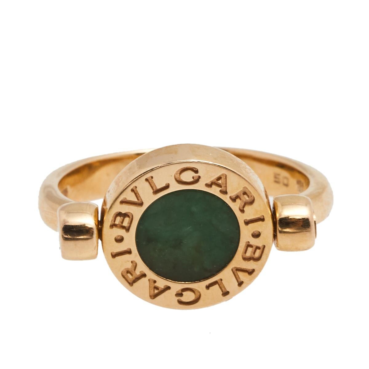 The Bvlgari Bvlgari logo of the brand—a characteristic feature of the Bvlgari designs—was inspired by the inscriptions on the ancient coins. With history engraved on the very face, this beautiful ring delivers a harmonic balance of ethereal 18k gold