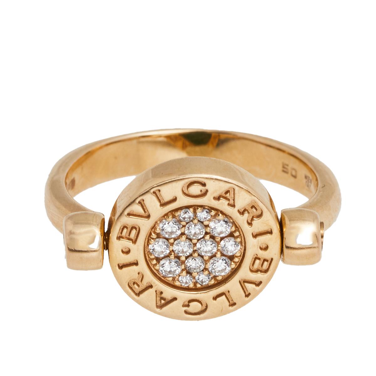 Contemporary Bvlgari Bvlgari Diamond Jade 18K Rose Gold Flip Ring Size 50
