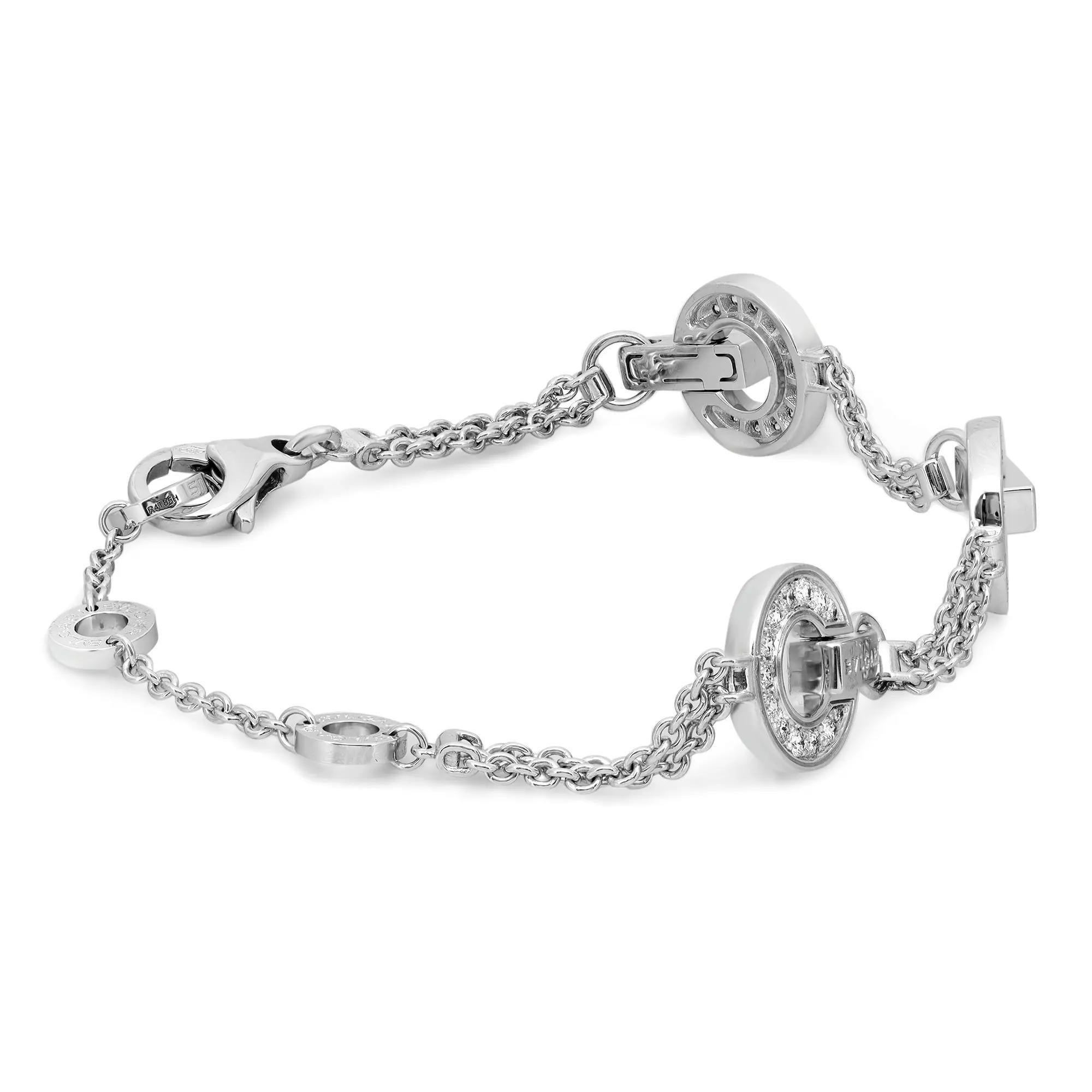 An elegant fusion of heritage and modernity, the BVLGARI BVLGARI bracelet is an effervescent and contemporary statement of sophistication. Crafted in lustrous 18K white gold. This bracelet features three openwork pave set round cut diamond studded