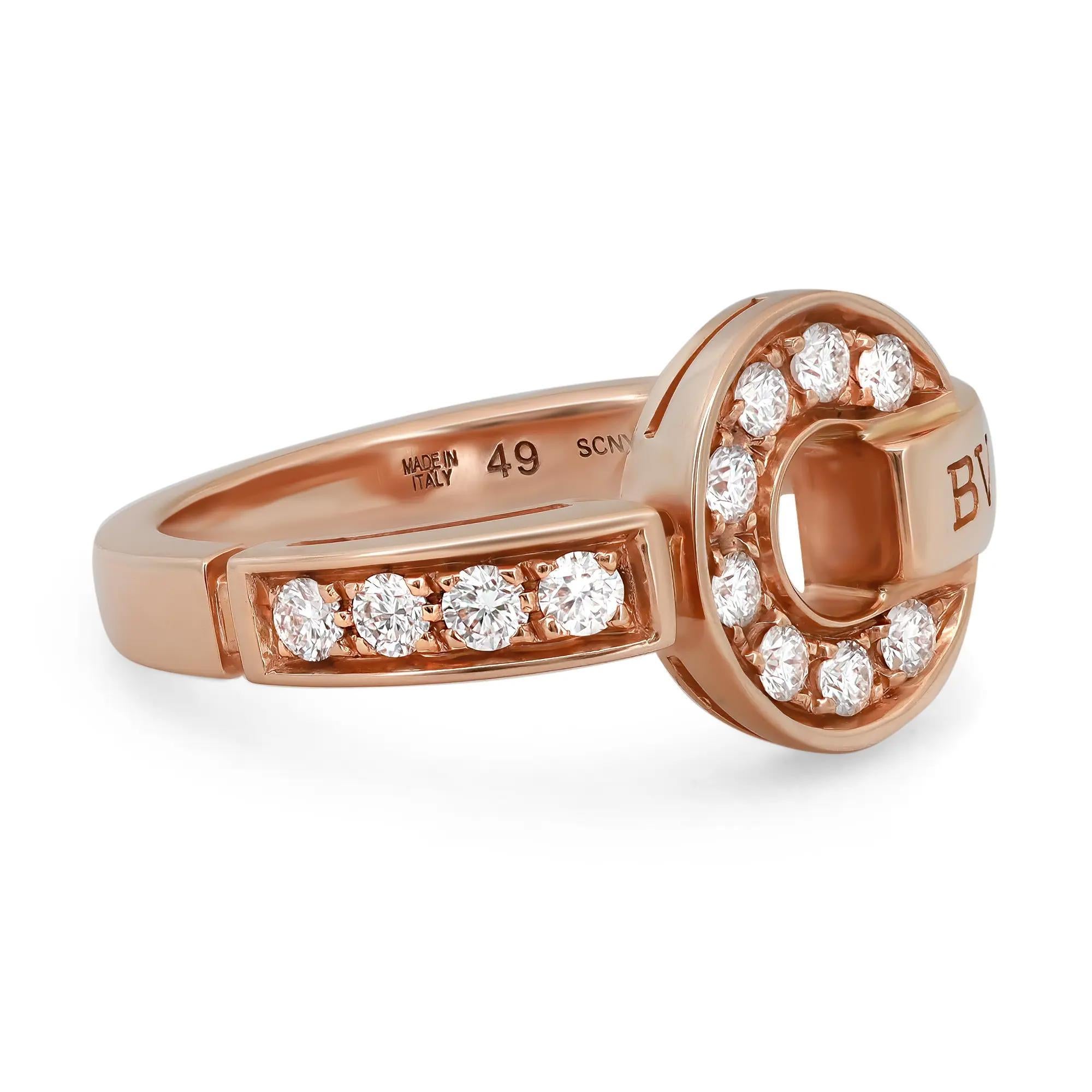 An elegant fusion of culture and modernity, this BVLGARI BVLGARI ring is a contemporary statement of classiness. It features the BVLGARI logo on one band shoulder with round brilliant cut diamonds studded in the circular openwork design in the