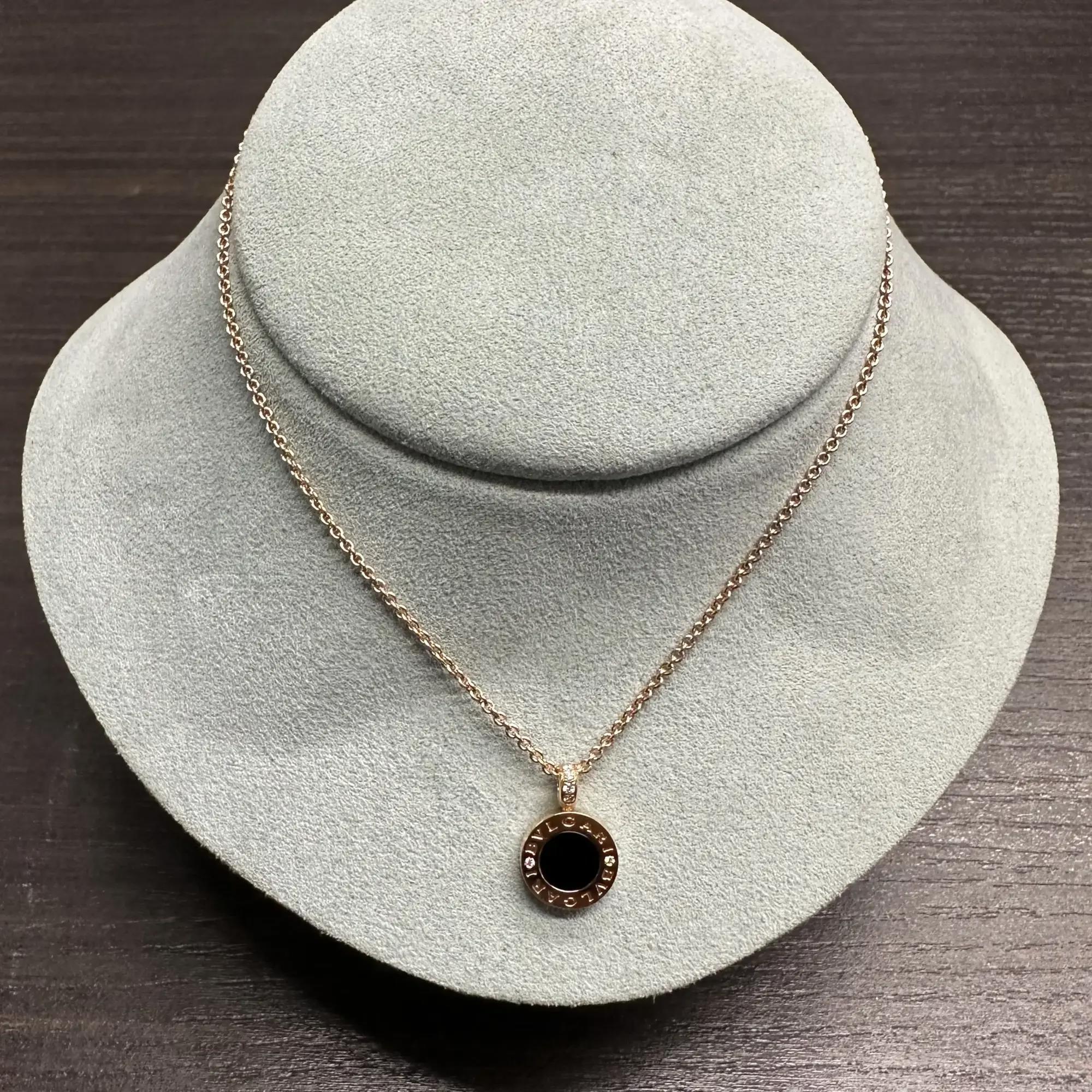Bvlgari Bvlgari MOP Onyx Diamond Pendant Necklace 18K Rose Gold 18 Inches For Sale 1