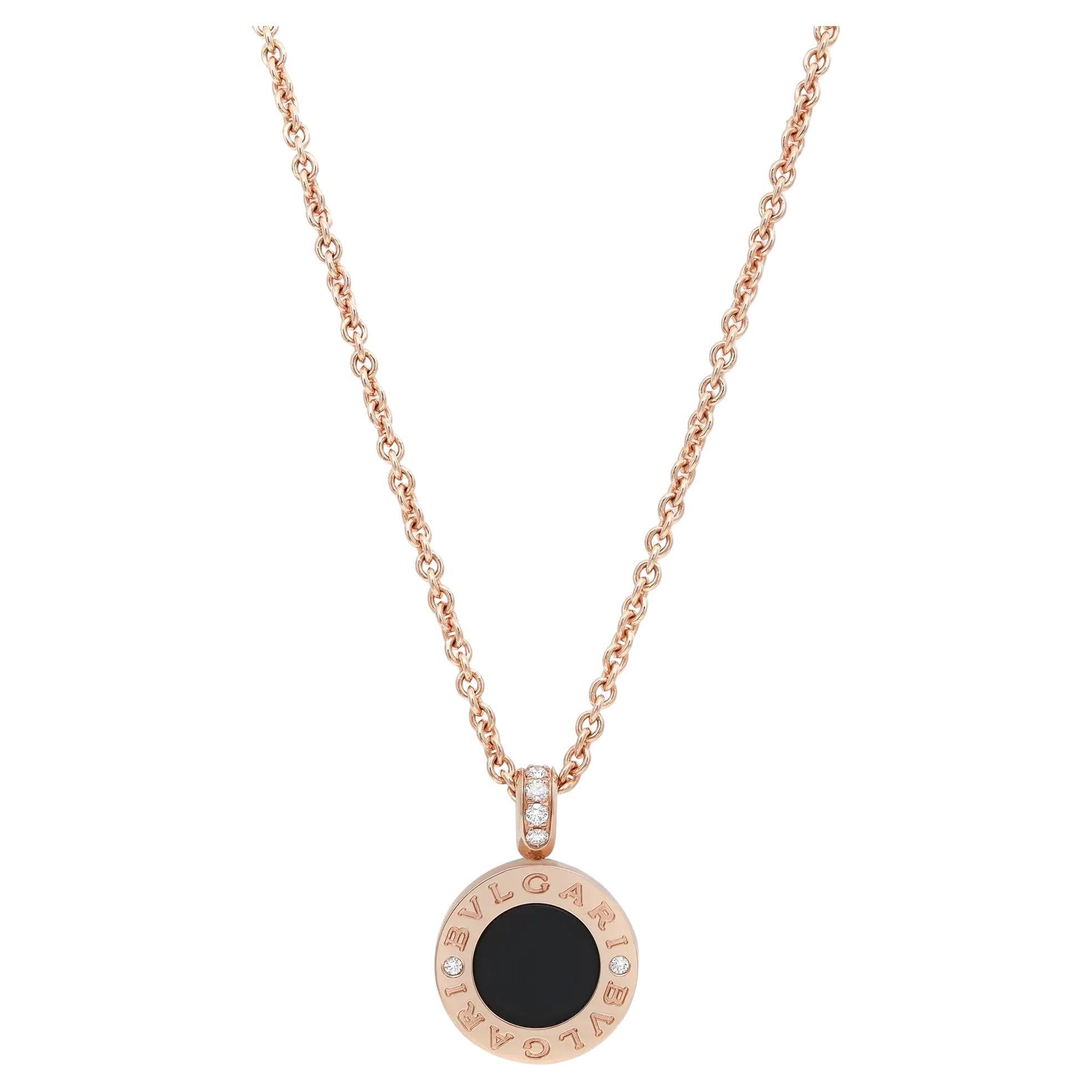 Bvlgari Bvlgari MOP Onyx Diamond Pendant Necklace 18K Rose Gold 18 Inches