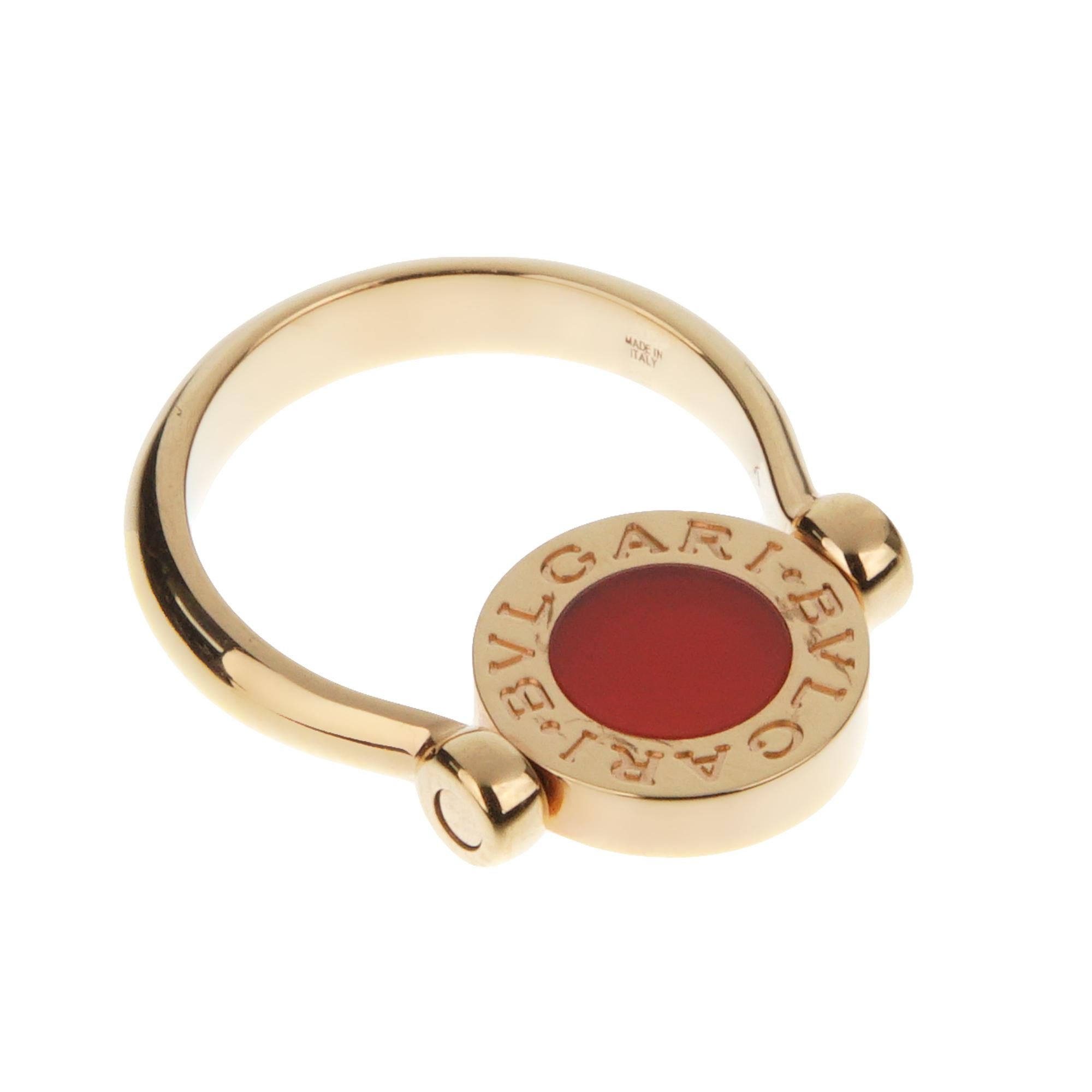 The Bvlgari Bvlgari Mother of Pearl and Carnelian Ring is an innovative and versatile piece that beautifully showcases Bvlgari's commitment to luxurious craftsmanship and timeless elegance. This ring is part of the iconic Bvlgari Bvlgari collection,