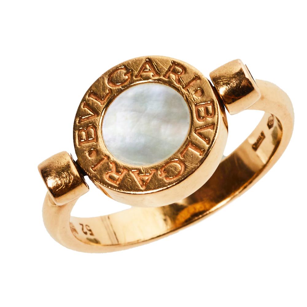 Women's Bvlgari Bvlgari Mother of Pearl Onyx 18K Rose Gold Flip Ring Size 52