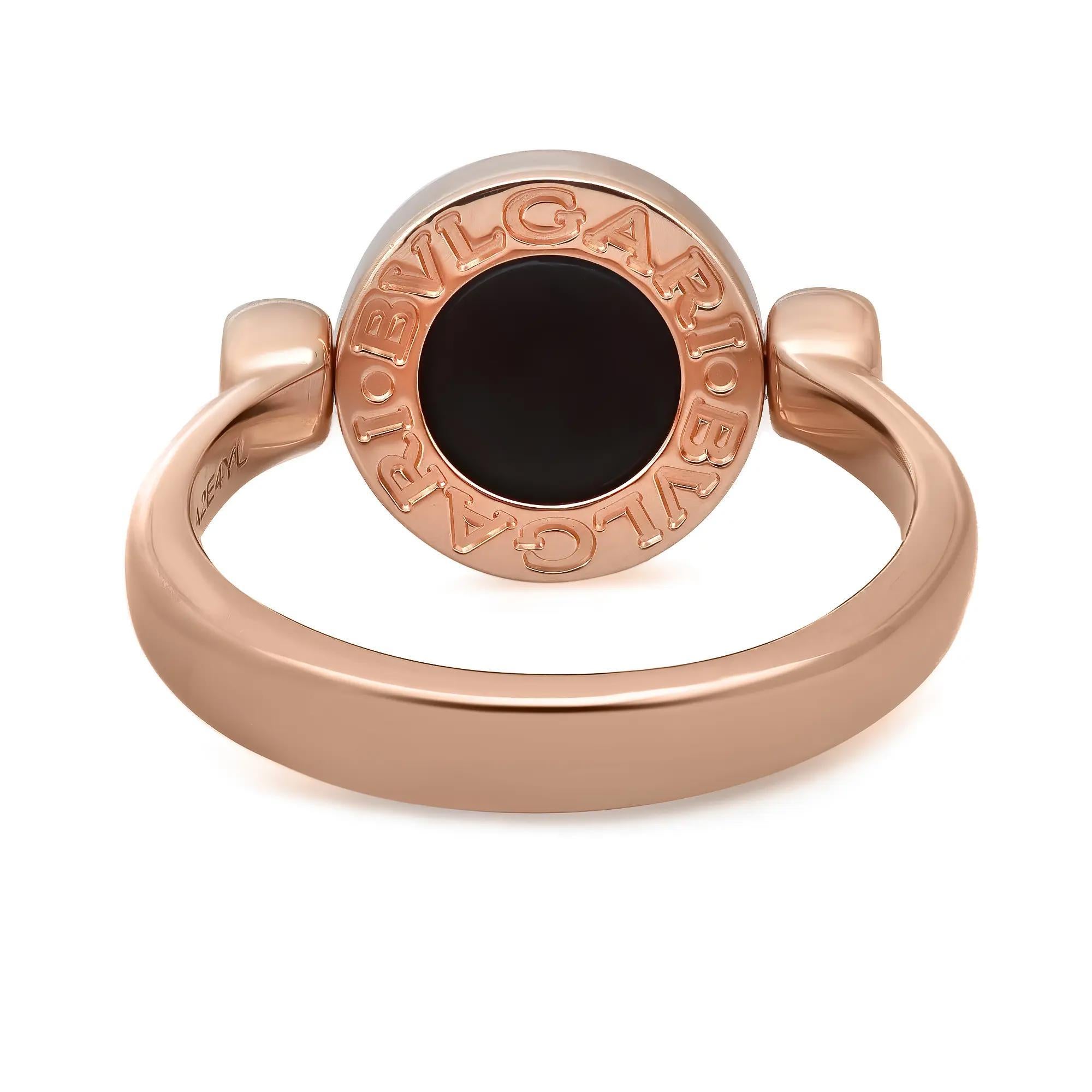 An elegant fusion of culture and modernity, the BVLGARI BVLGARI ring is an effervescent, contemporary statement of classiness. Crafted in lustrous 18K rose gold. It features a flip ring framing multicolor gemstone inserts like black Onyx and white