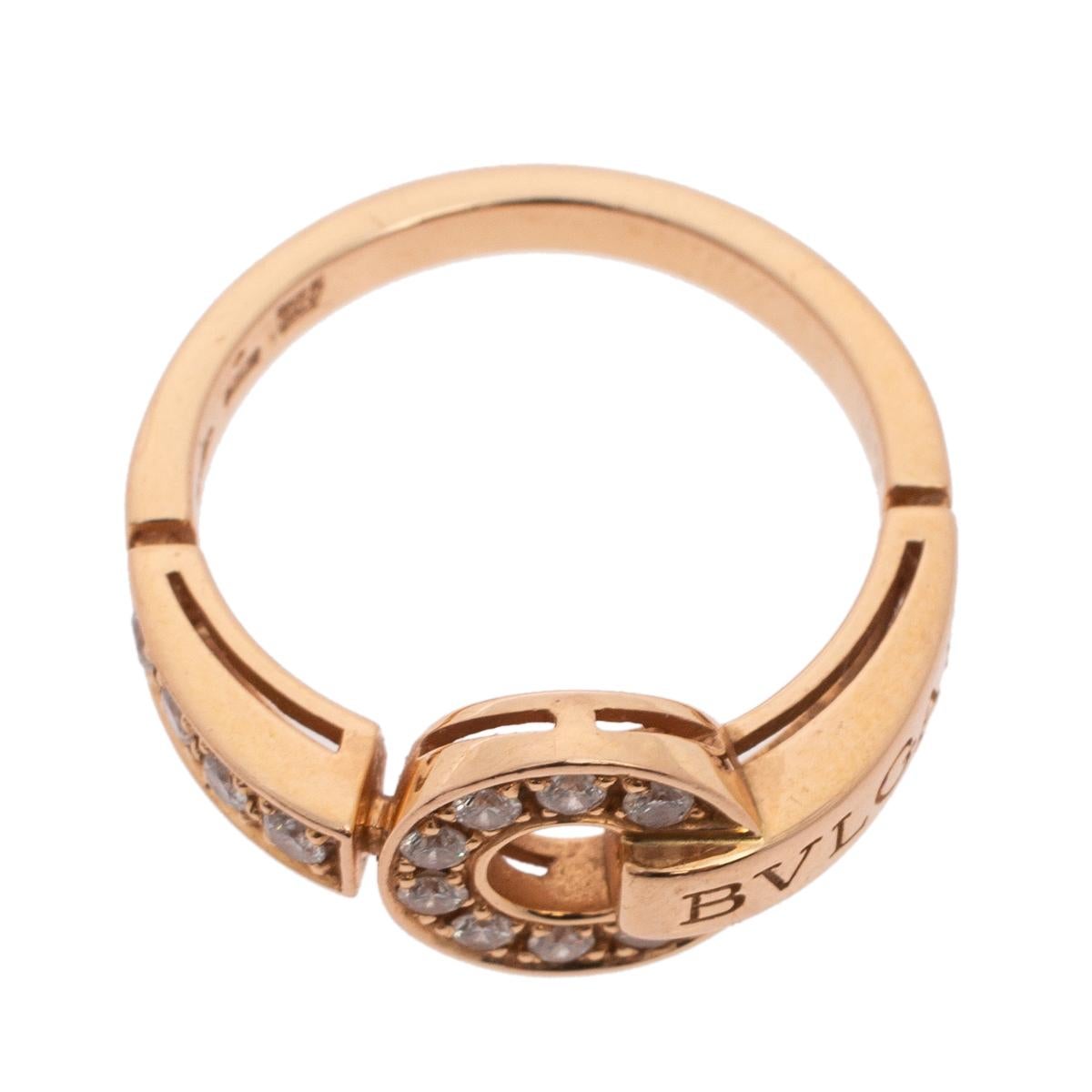 This elegant Bvlgari ring is the perfect accessory to complete your look. Crafted in 18k rose gold, this beautiful ring is set with pave diamonds and is engraved with the brand name. It is the perfect mix of timeless class and modern-day style. Add