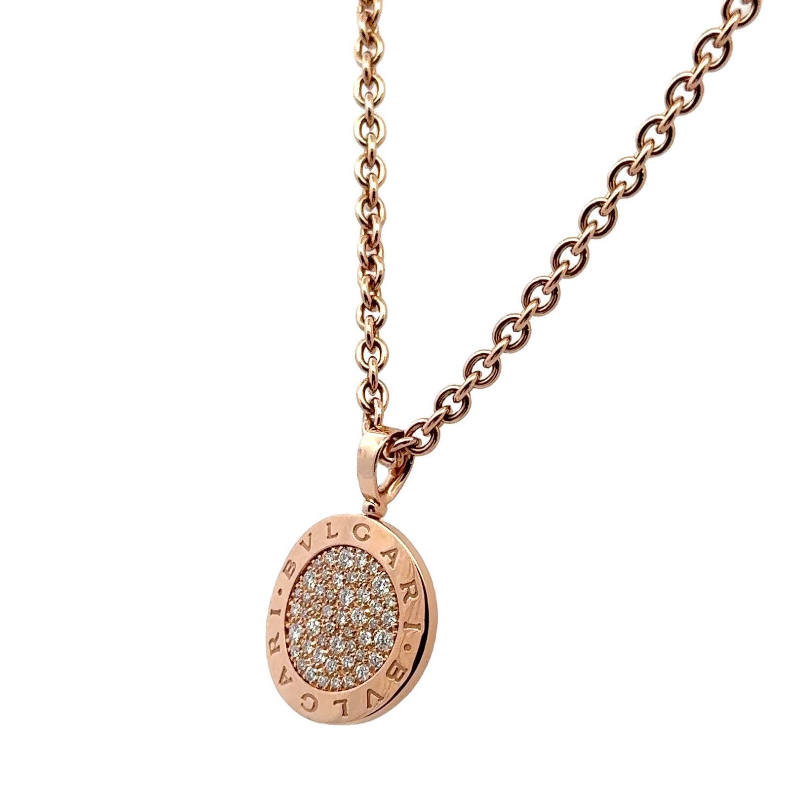 Round Cut Bvlgari Bvlgari Pavé Diamond Curved Disk 18 Karat Rose Gold Pendant Necklace