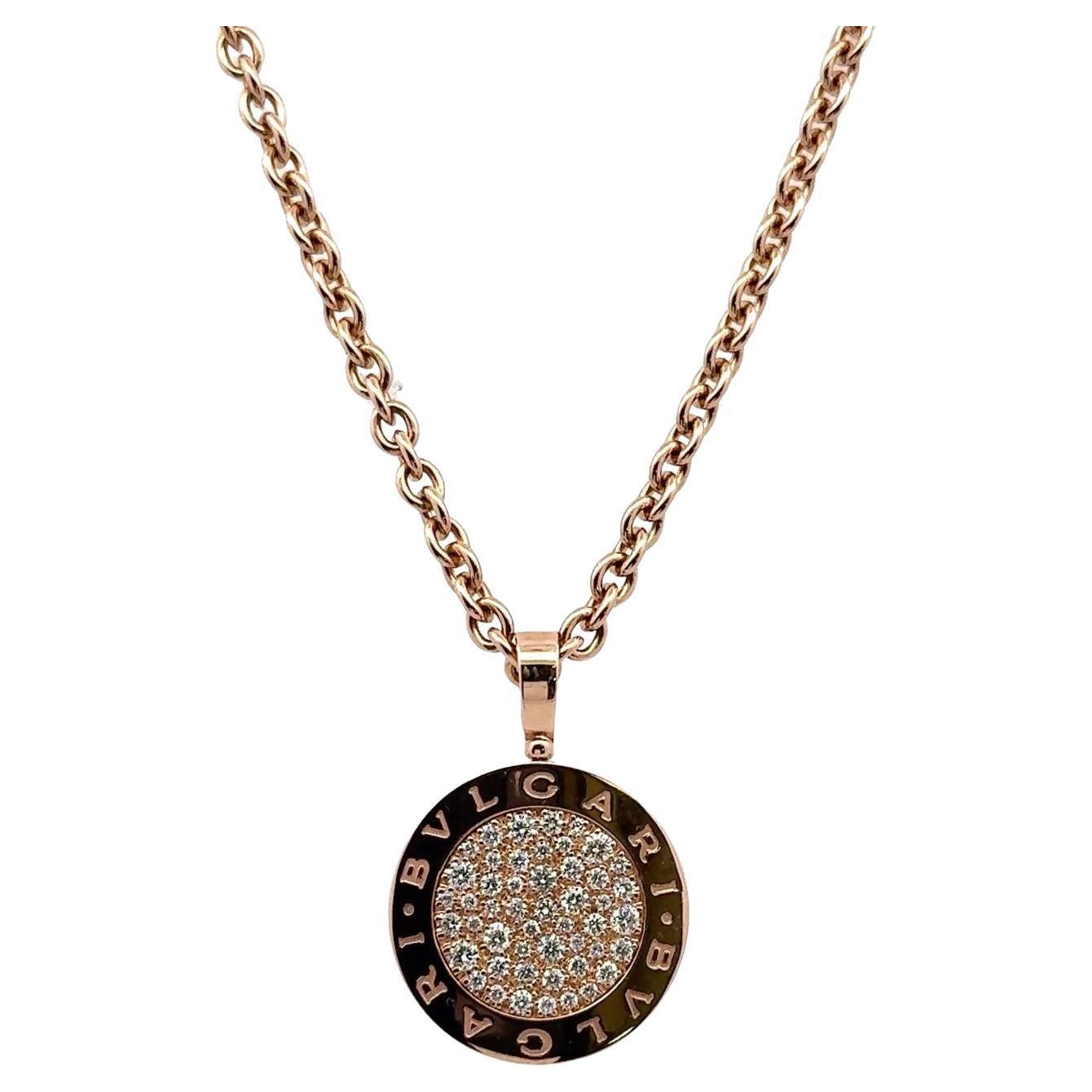 Bvlgari Bvlgari Pavé Diamond Curved Disk 18 Karat Rose Gold Pendant Necklace