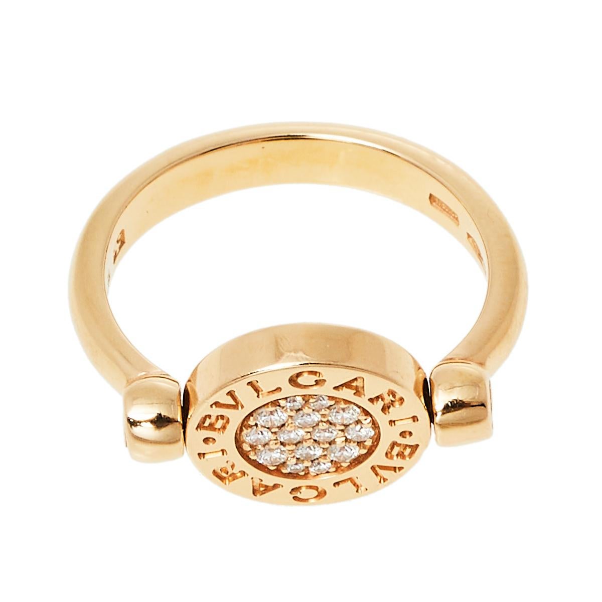 The Bvlgari Bvlgari logo of the brand—a characteristic feature of the Bvlgari designs—was inspired by the inscriptions on the ancient coins. With history engraved on the very face, this beautiful ring delivers a harmonic balance of ethereal 18k gold