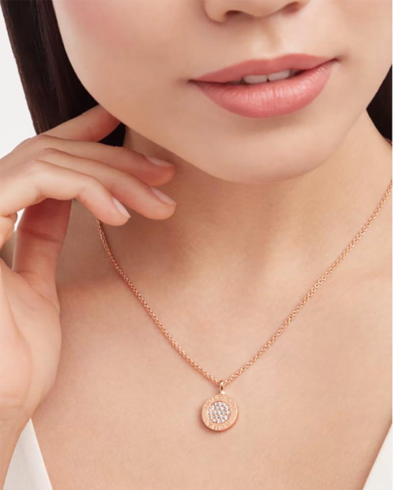 Bvlgari Bvlgari Pendant Necklace with Diamonds and Onyx Set in 18k Rose Gold In Excellent Condition In Miami, FL
