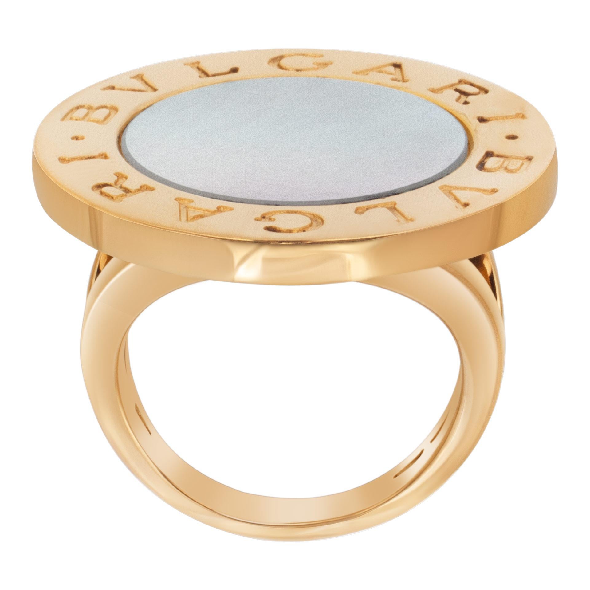 ESTIMATED RETAIL $3250 - YOUR PRICE $2250 - 100% AUTHENTIC, FACTORY ORIGINAL Bvlgari Bvlgari ring with  Mother of Pearl inlay in 18k gold. Top of the ring measures 24.5mm. Shank of ring measures 3mm. Size 5.25. 