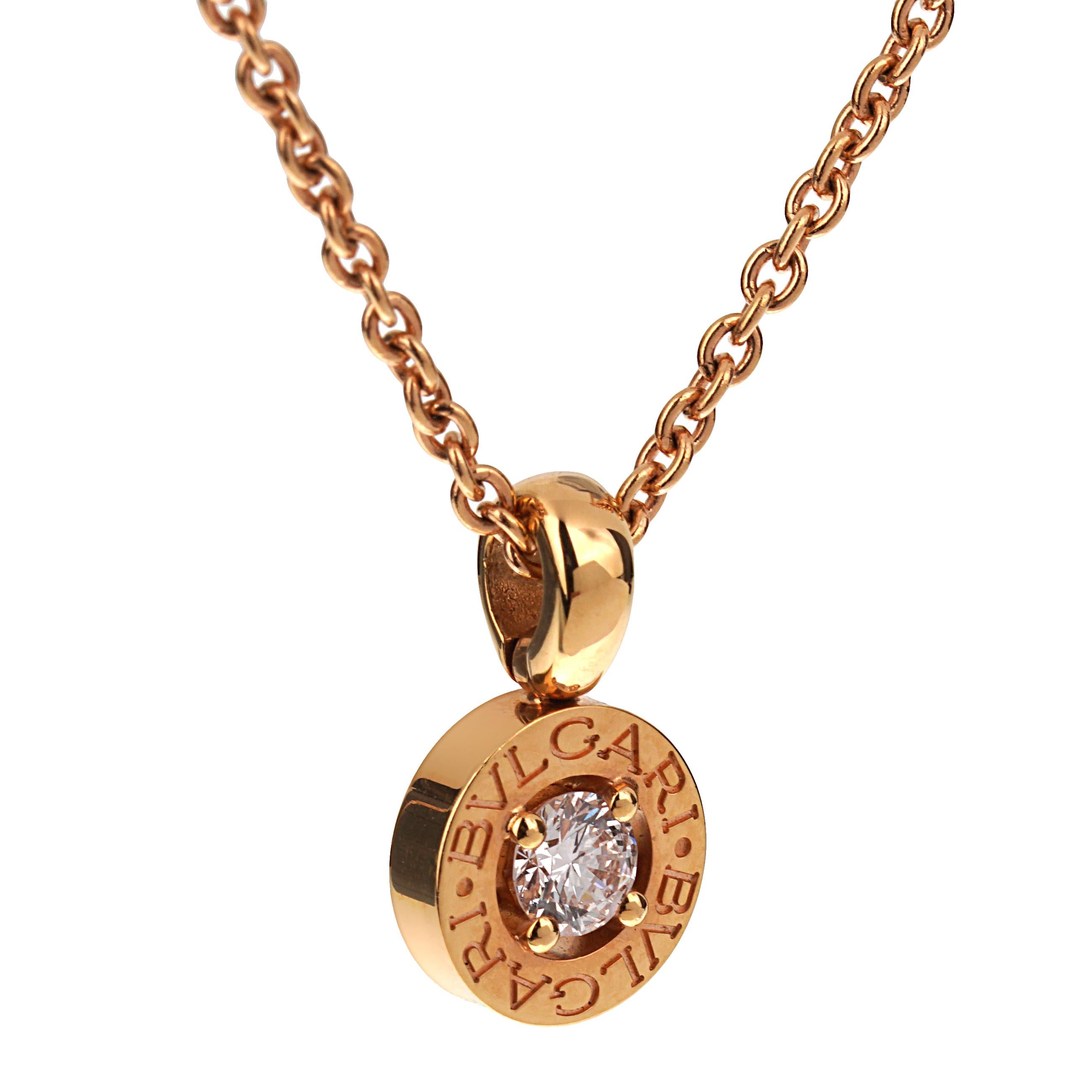 Bvlgari Bvlgari Solitaire Diamond Rose Gold Pendant Necklace In Excellent Condition For Sale In Feasterville, PA