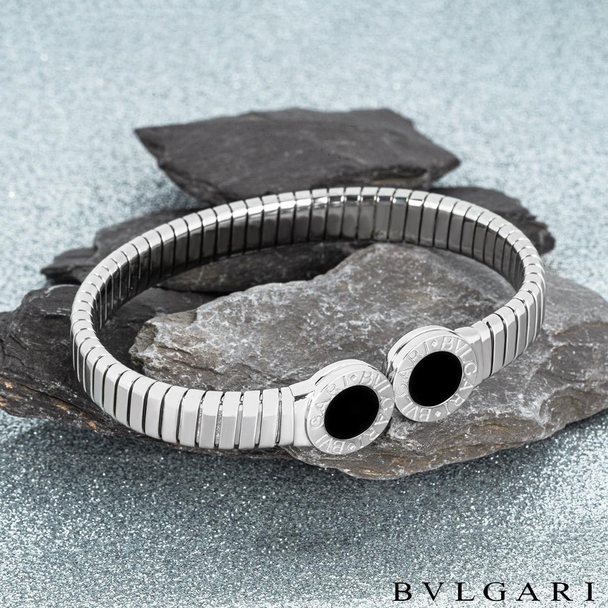 Round Cut Bvlgari Bvlgari Steel & Onyx Tubogas Cuff Bracelet
