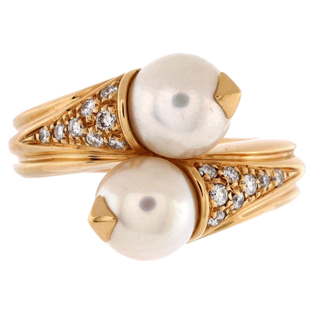 Bvlgari Bypass Ring 18K Yellow Gold with Diamonds and Pearls For Sale