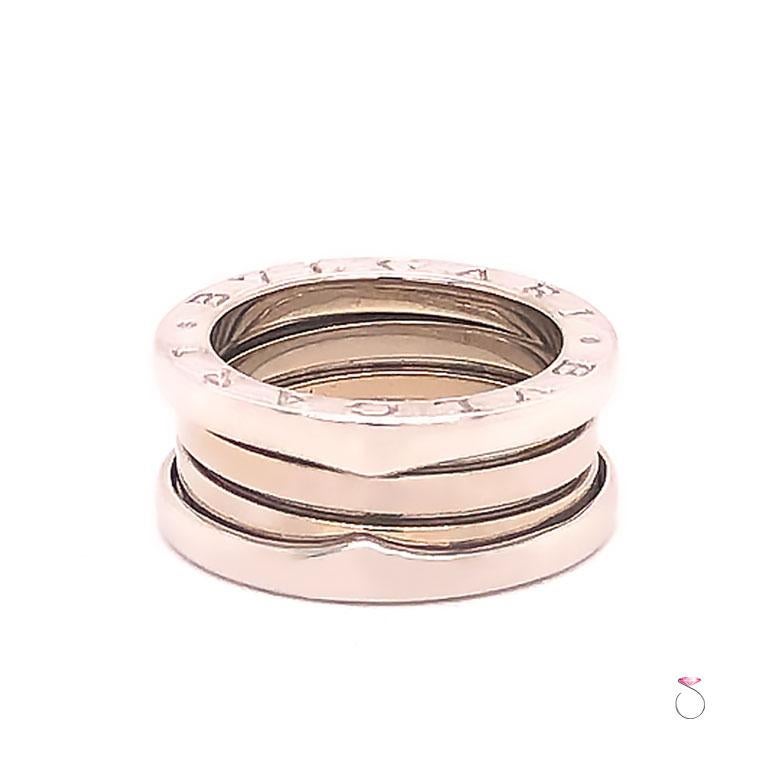 Authentic Bvlgari B.Zero 1 three band ring in 18k white gold. This beautiful ring features 3 bands from the iconic B.Zero 1 collection.  As with all Bvlgari jewelry, the details on this ring are just magnificent and the finish is great. The ring is