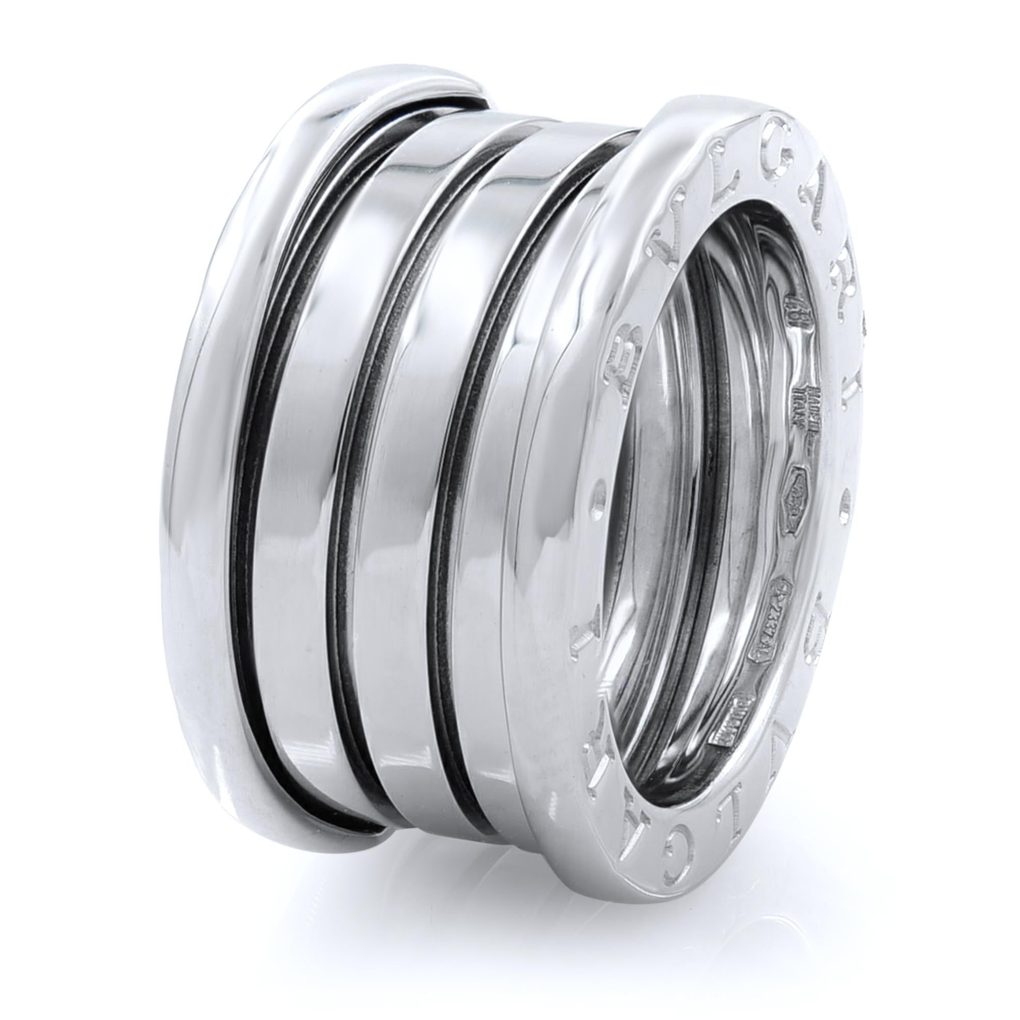 Bvlgari B.Zero 1 18K White Gold Ring SZ4.25

The B.Zero ring is a signature piece from the legendary jewelry design house Bvlgari. It features a clean, modern design with a white gold central band surrounded by two white gold rims with the BVLGARI