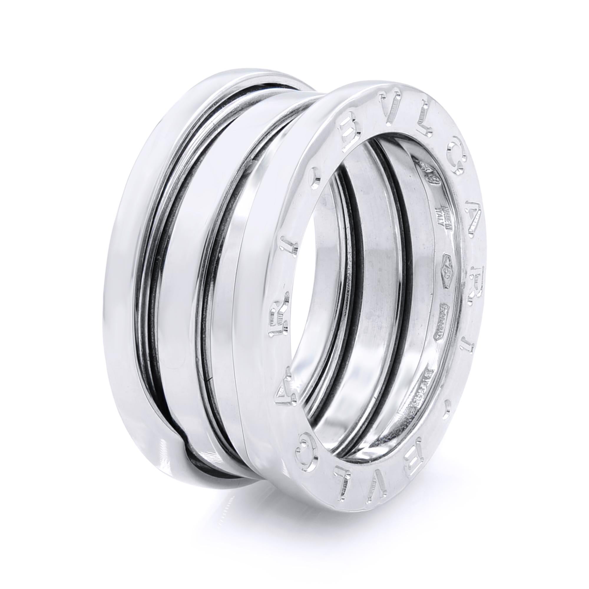Bvlgari B.Zero 1 18K White Gold Ring SZ 49 US 4.75.

The B.Zero ring is a signature piece from the legendary jewelry design house Bvlgari. It features a clean, modern design with a white gold central band surrounded by two white gold rims with the