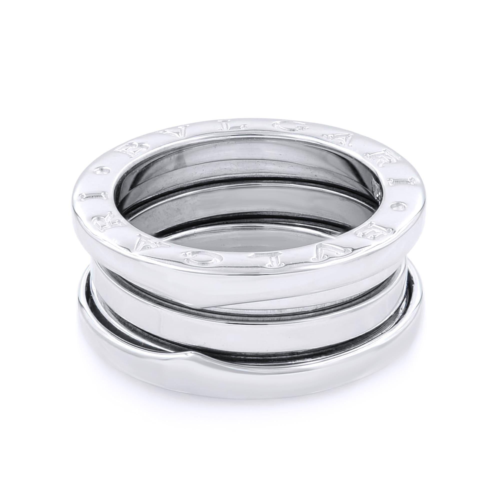 Bvlgari B.Zero 1 18K White Gold Ring SZ5.25

The B.Zero ring is a signature piece from the legendary jewelry design house Bvlgari. It features a clean, modern design with a white gold central band surrounded by two white gold rims with the BVLGARI