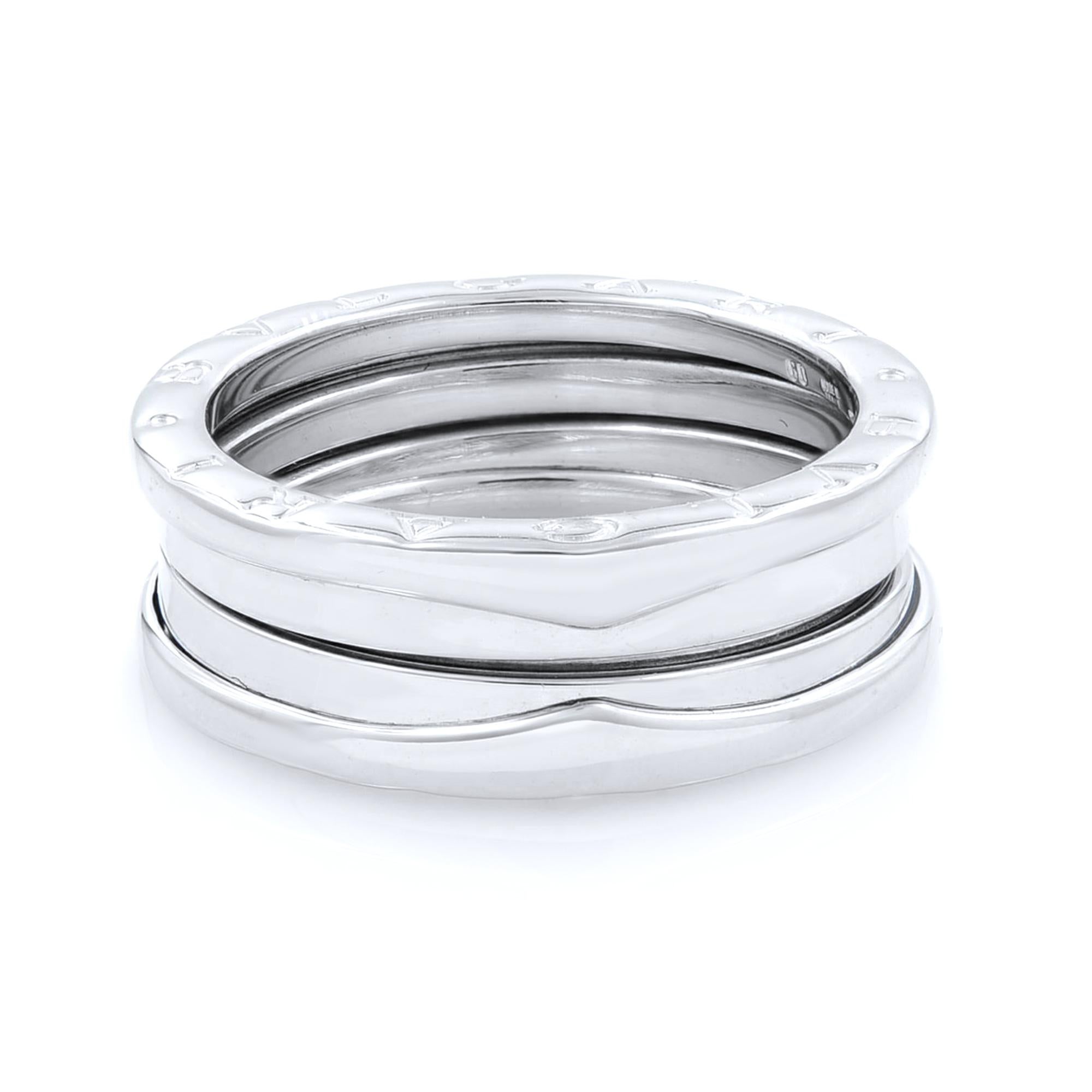 Bvlgari B.Zero 1 18K White Gold Ring SZ9
The B.Zero ring is a signature piece from the legendary jewelry design house Bvlgari. It features a clean, modern design with a white gold central band surrounded by two white gold rims with the BVLGARI logo