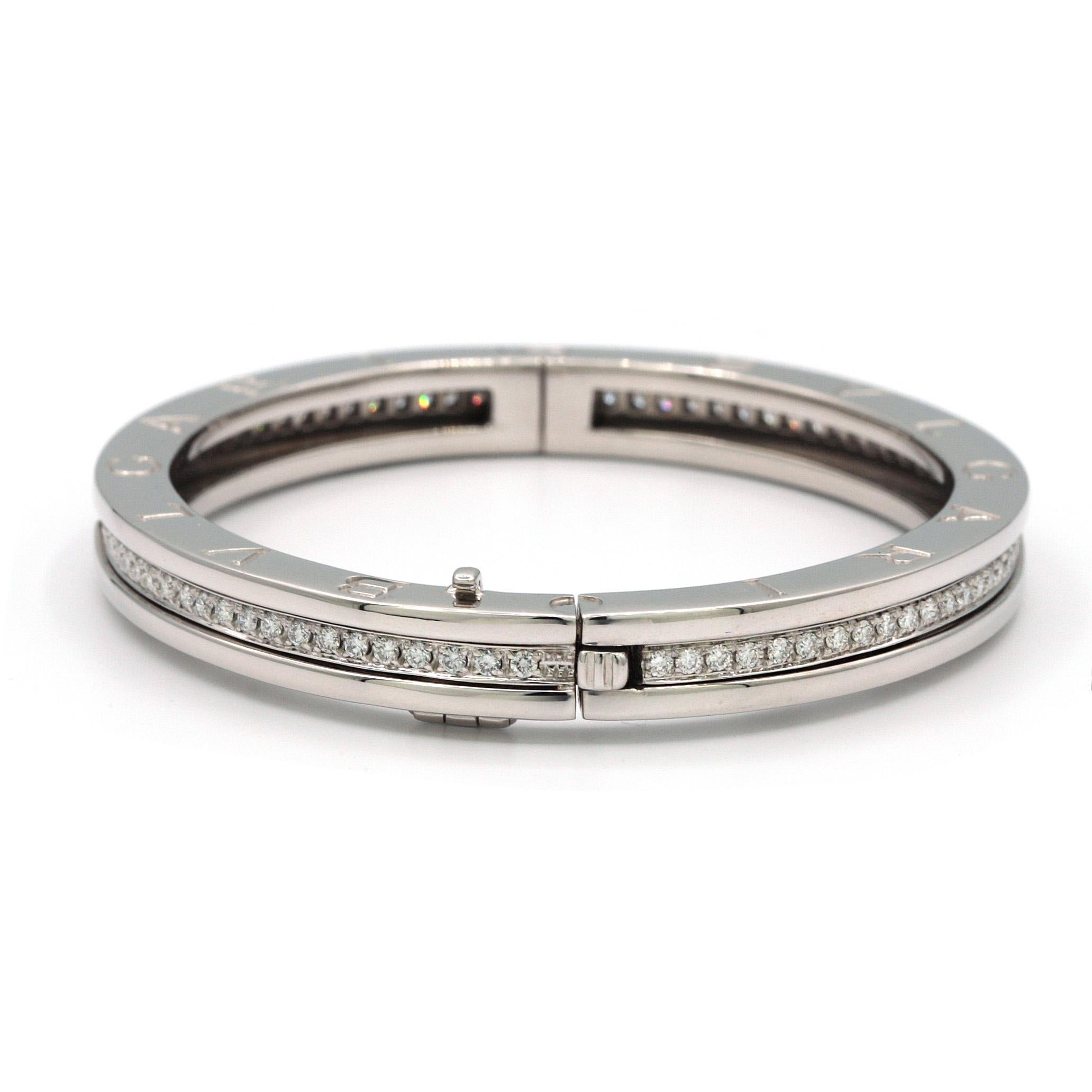 This 18K White Gold B.Zero 1 Diamond Bangle Bracelet by Bulgari is made with Round brilliant cut diamonds VVS1 clarity, E color total weight approx. 2.00ct

Weight: 50.1 grams
Length: 7