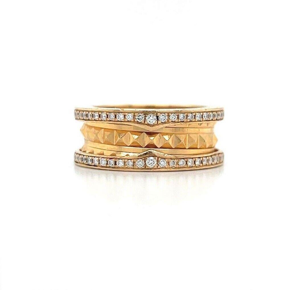 Bvlgari B.Zero-1 Rock 18k Yellow Gold Two Row Diamond Band Ring Italy Size 52

Condition:  Very Good Condition
Metal:  18k Gold (Marked, and Professionally Tested)
Weight:  10.4g
Diamonds:   Round Brilliant Diamonds 0.51cttw
Width:  8mm
Size:  	52