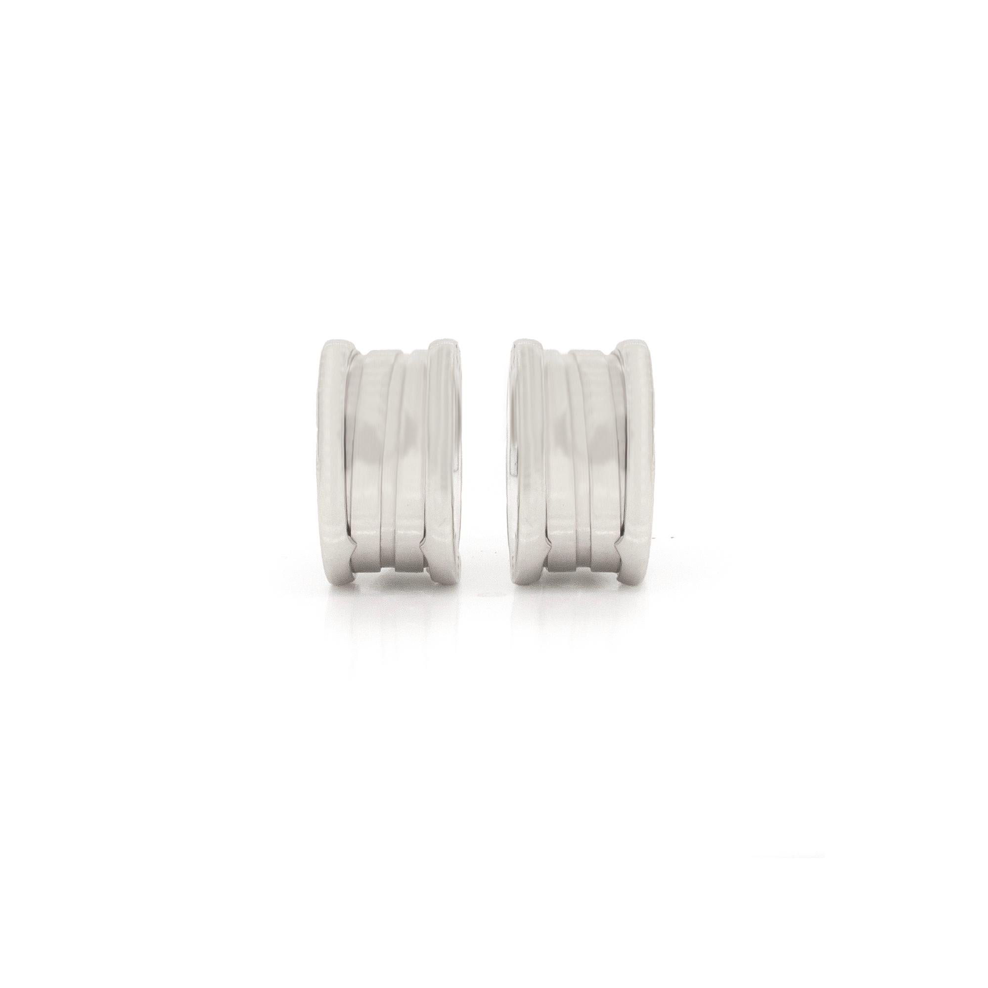 A modern and chic pair of hoop earrings by luxury jewellery designer, Bulgari, from one of their most iconic collections, B.zero1.

The gorgeous earrings are exquisitely crafted in luxurious high polish 18 carat white gold and feature a stacked-band