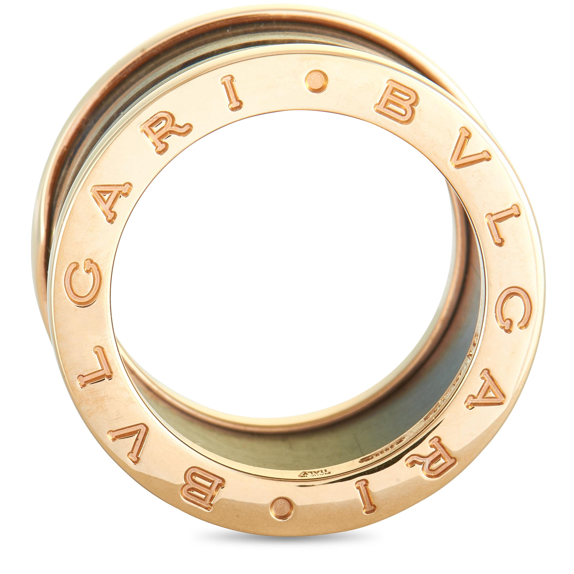 The Bvlgari “B.zero1” ring is made out of 18K rose gold and brown ceramic and weighs 7.2 grams, boasting band thickness of 12 mm.
Ring Size: 5.75

This jewelry piece is offered in brand new condition and includes the manufacturer’s box and papers.