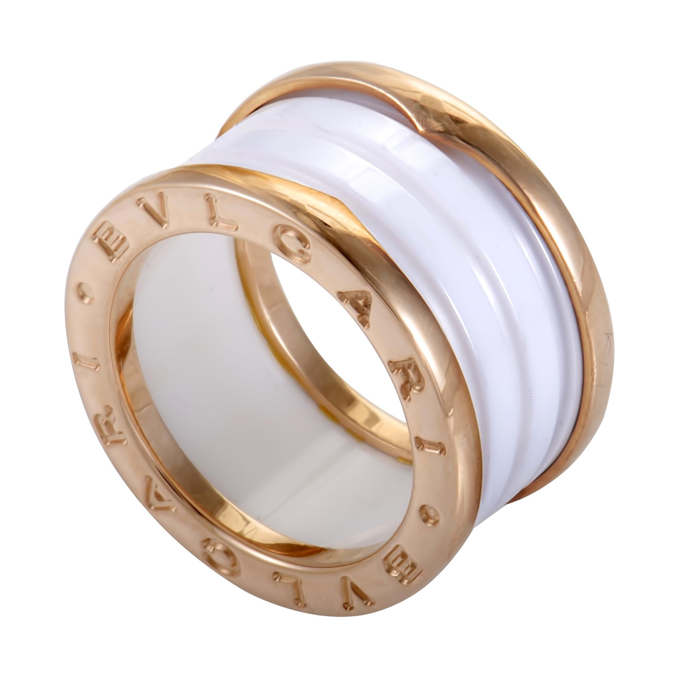 Bvlgari B.Zero1 18 Karat Rose Gold White Ceramic 3-Band Ring