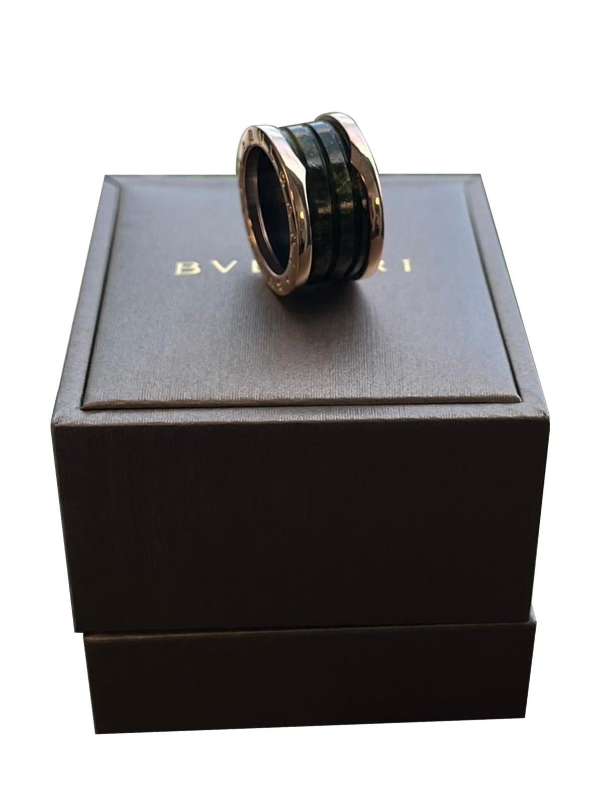 Modernist Bvlgari B.Zero1 18k Rose Gold 4-Band with Green Marble Ring For Sale