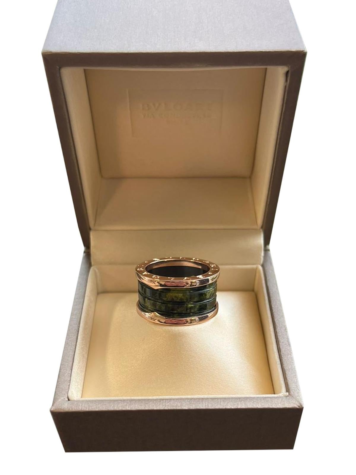 Women's Bvlgari B.Zero1 18k Rose Gold 4-Band with Green Marble Ring For Sale