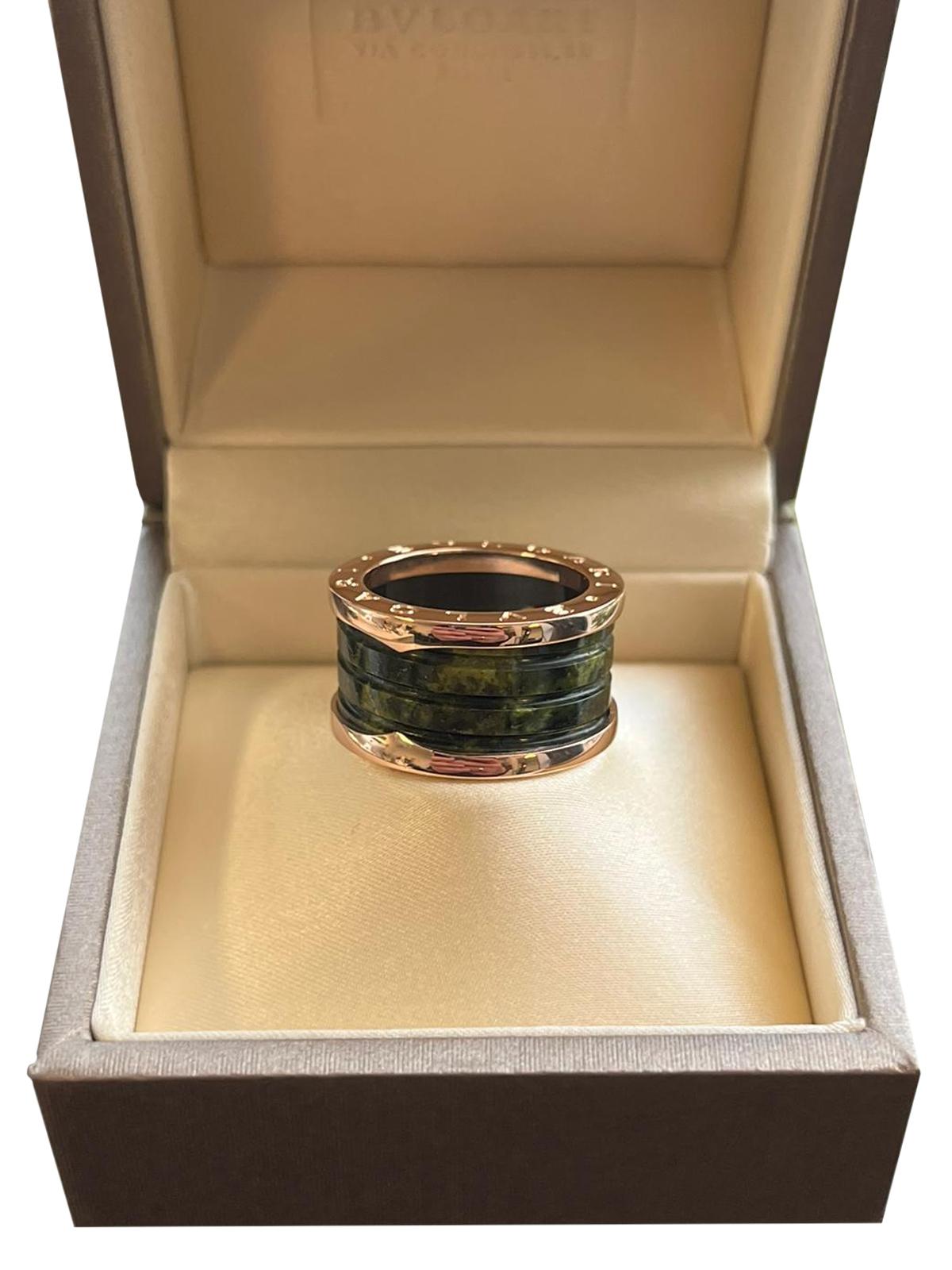 Bvlgari B.Zero1 18k Rose Gold 4-Band with Green Marble Ring For Sale 1