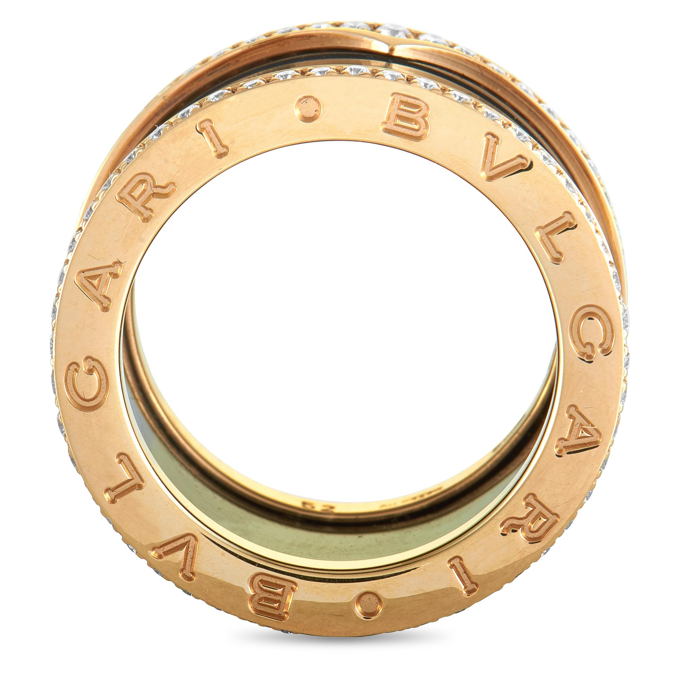 The Bvlgari “B.zero1” ring is made out of 18K rose gold and black ceramic and it is embellished with diamonds. The ring weighs 8.8 grams and boasts band thickness of 12 mm.
Ring Size: 5.75

This jewelry piece is offered in brand new condition and