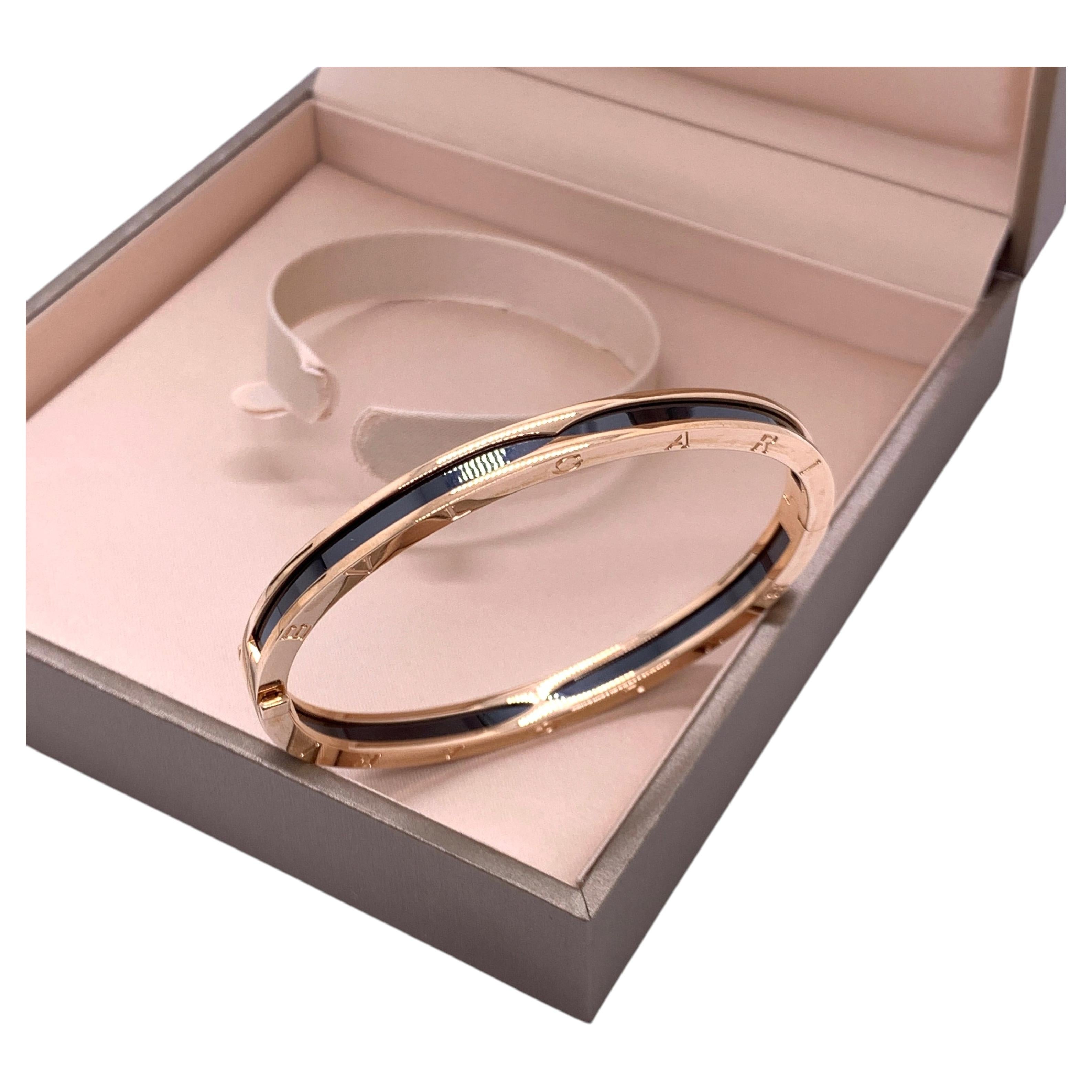 BVLGARI B.zero1 18K Rose Gold and Black Ceramic Hinged Bangle Bracelet Size M
