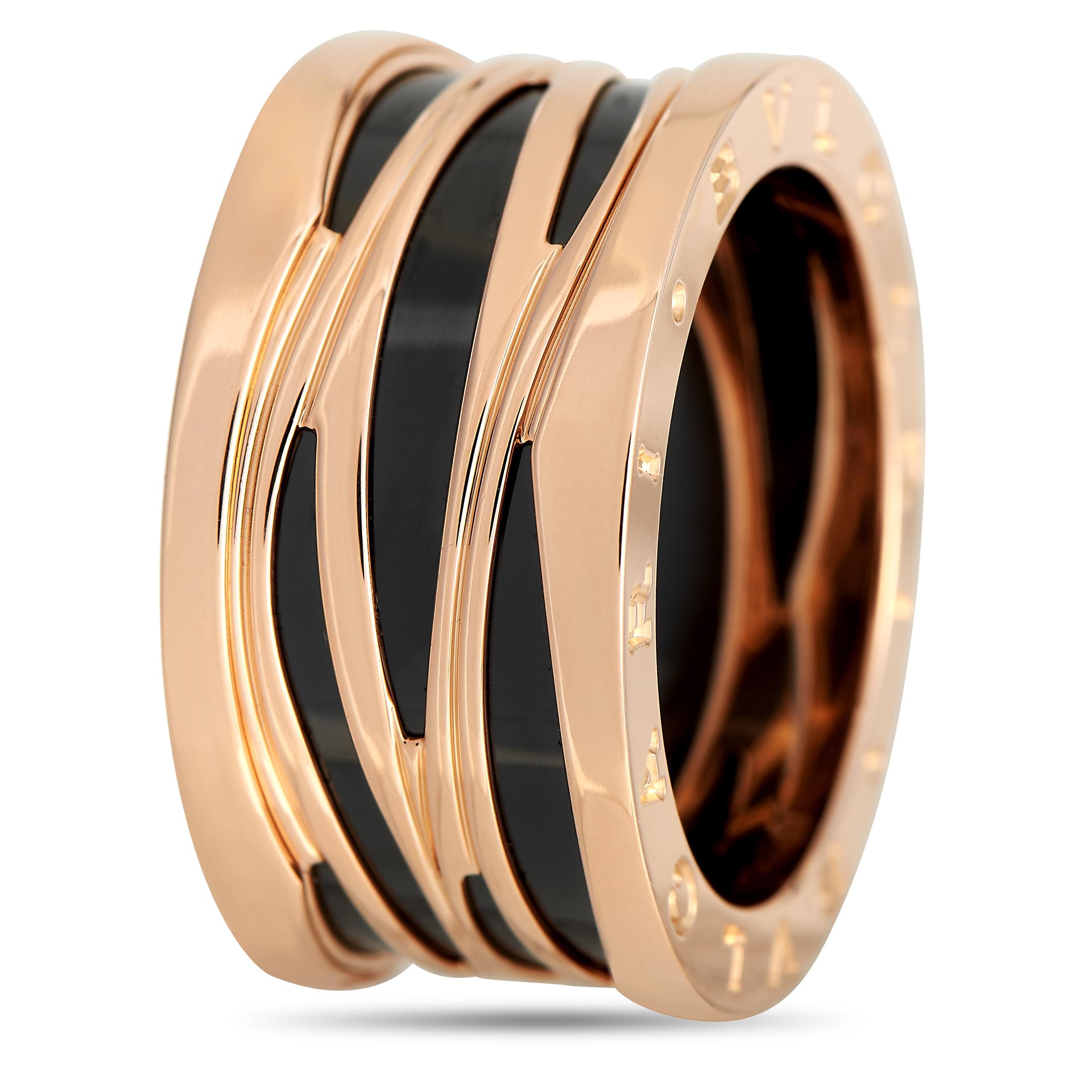 Black ceramic accents add texture, depth, and visual impact to this sophisticated Bvlgari B.zero1 band ring. Crafted from opulent 18K rose gold, each end is elevated by the brands iconic signature. This elegant accessory measures 12mm wide.This
