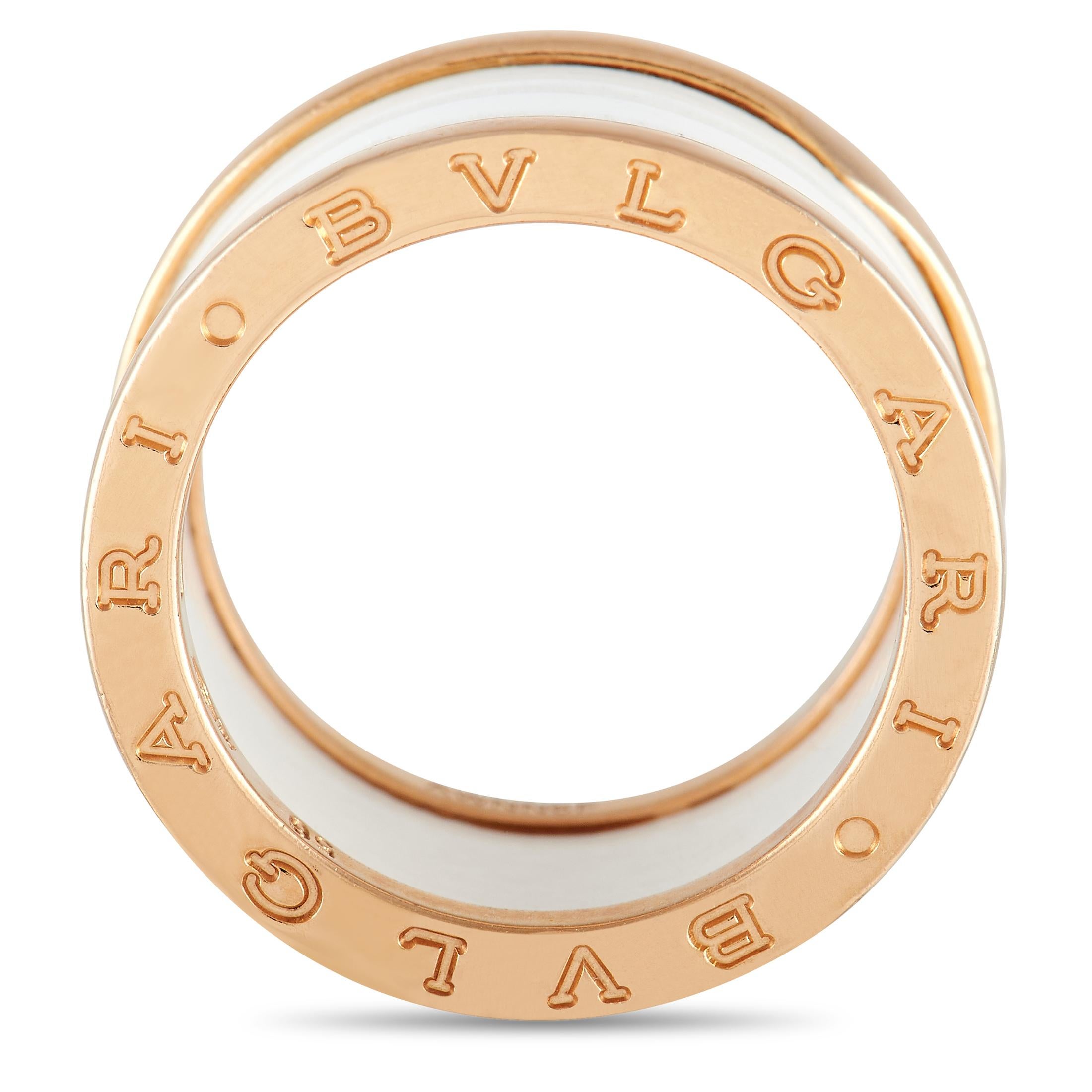 A stylish white ceramic spiral at the center symbolizes the harmony of past, present, and future on this exquisite Bvlgari B.Zero1 ring. Crafted from 18K Rose Gold, this effortless accessory features the luxury brand’s iconic signature engraved at