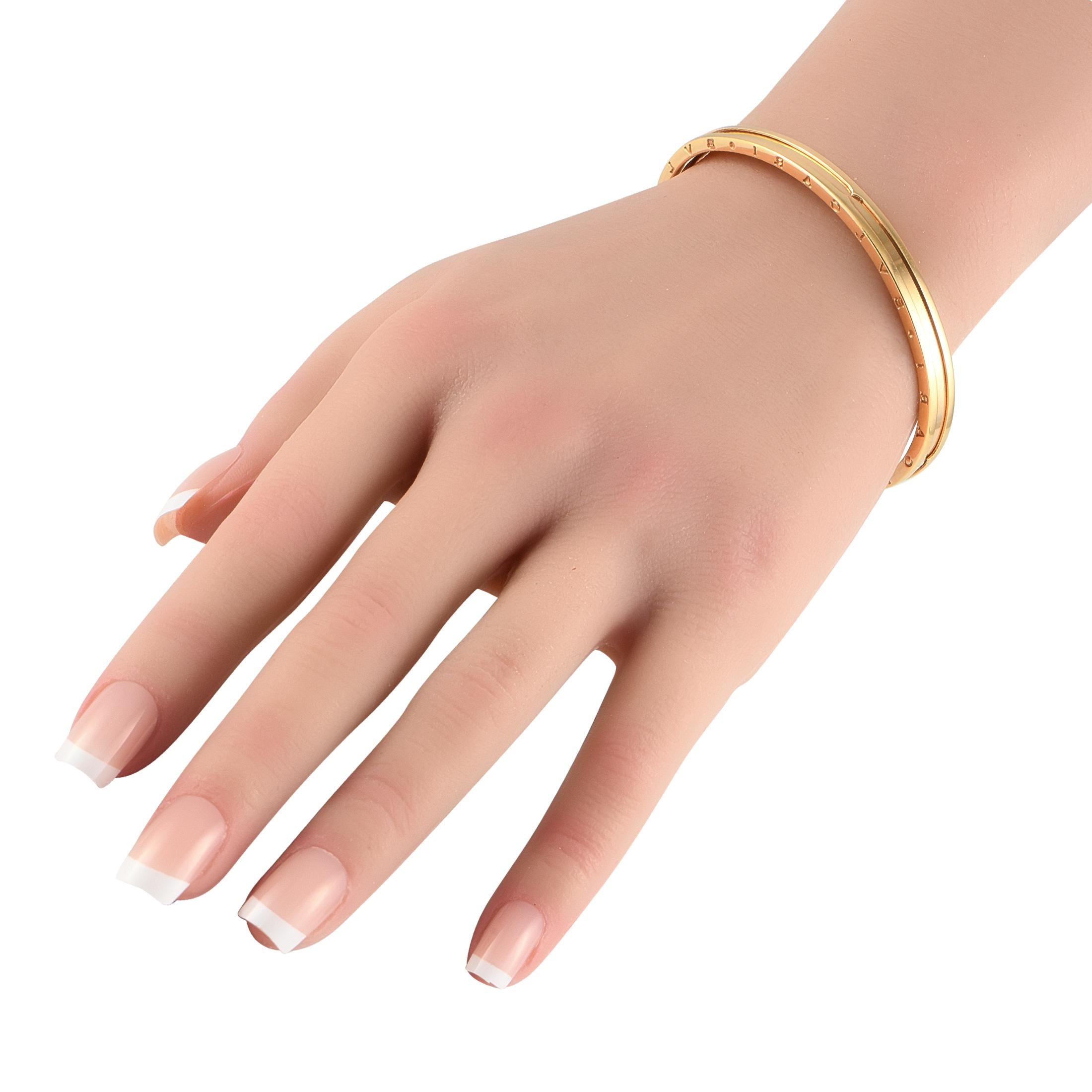 Add a touch of elegance to any ensemble with this Bvlgari B.Zero1 bracelet. This slim cuff bracelet is crafted from 18K Rose Gold, which beautifully highlights its subtle, stylish details. It measures 7.0 long and includes the luxury brands