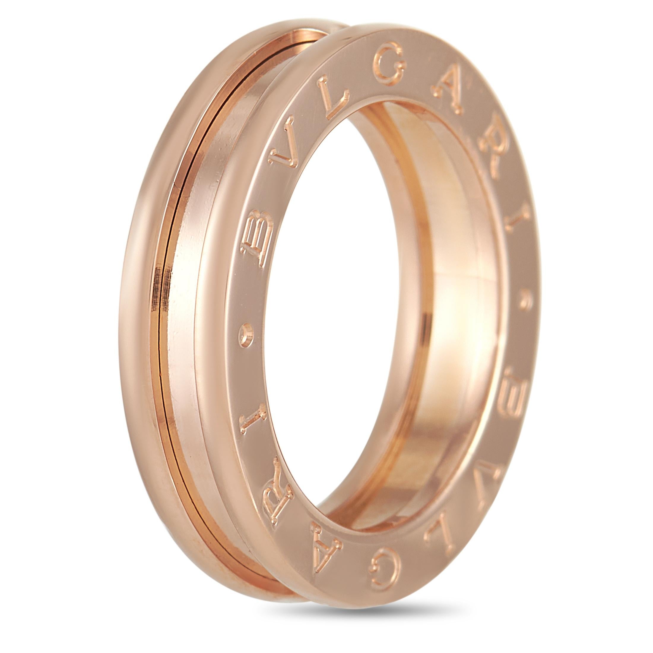 The Bvlgari B.Zero1 18K Rose Gold Single Band Ring shows that, indeed, there is elegance in simplicity. This pretty pink one-band 5mm ring displays Bvlgari's creative interpretation of the essence of the largest ancient amphitheater, the Colosseum.
