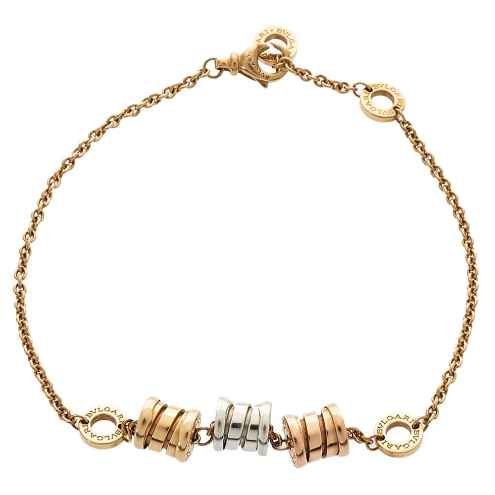 This bracelet from the Bvlgari B.zero1 collection has an effortless elegance that’s perfect for everyday wear. This beauty features delicate spirals, in three tones; 18k yellow, white, and rose gold inspired by the great Colosseum. The soft chain