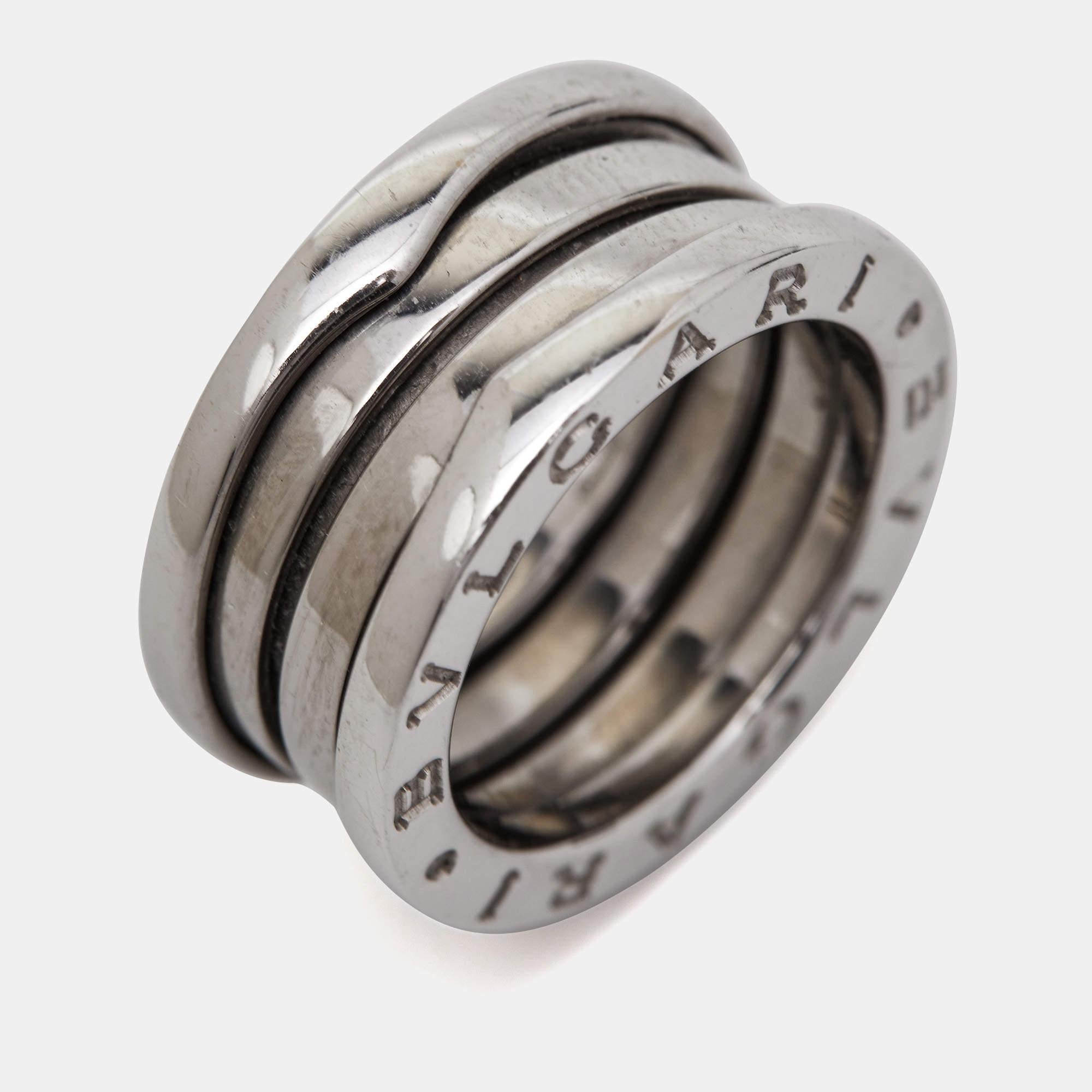 The Bvlgari B.Zero1 ring is a luxurious and iconic piece of jewelry. Crafted from exquisite 18k white gold, it features four interlocking bands, creating a contemporary and bold design. This timeless ring seamlessly combines elegance and modernity,