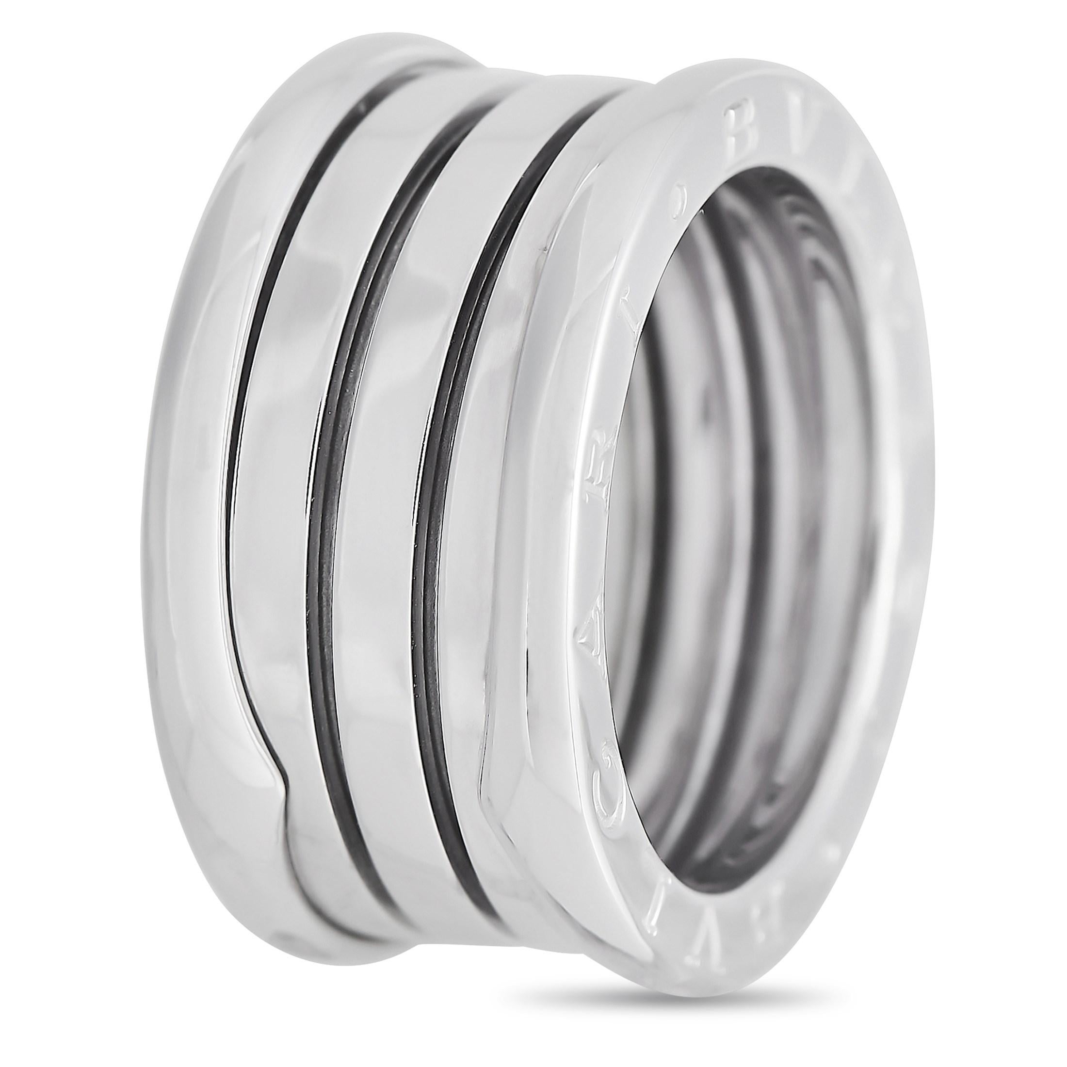 Sleek, simple, and incredibly luxurious, this Bvlgari B.Zero1 band ring will serve as a stylish addition to any fine jewelry collection. Measuring 10mm wide, it features a minimalist design and is crafted from shimmering 18K White Gold. 