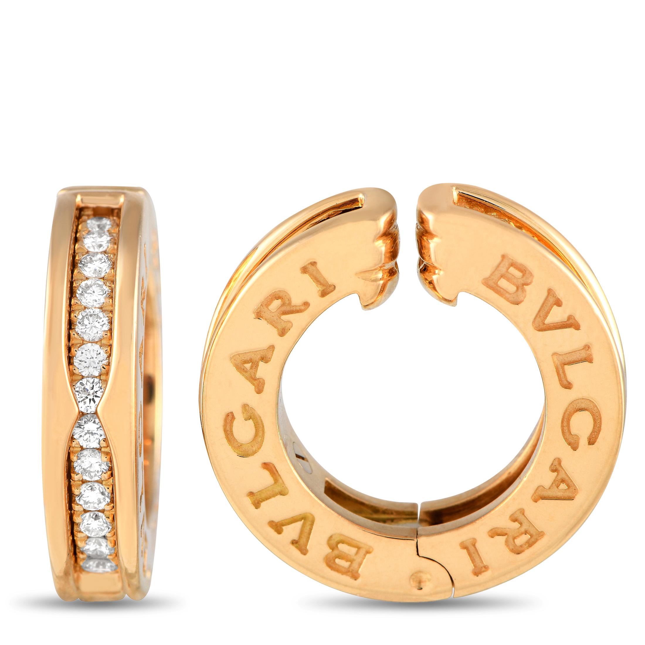 Taking inspiration from Rome's large ancient amphitheater, these Bvlgari B.zero1 hoop earrings beguile with their refined architectural beauty. The earrings feature a hinged closure, the double Bvlgari Bvlgari engraved logo, and round brilliant
