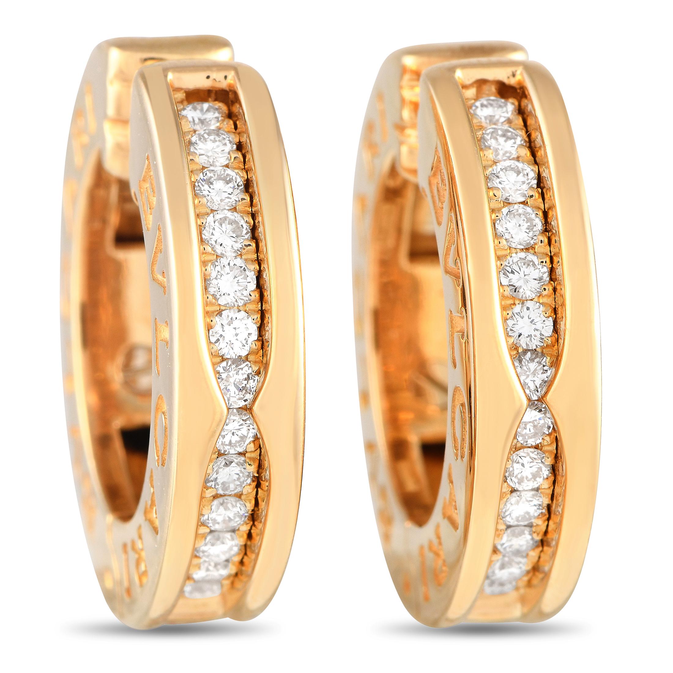 Bvlgari B.zero1 18K Yellow Gold 0.18ct Diamond Huggie Hoop Earrings In Excellent Condition For Sale In Southampton, PA