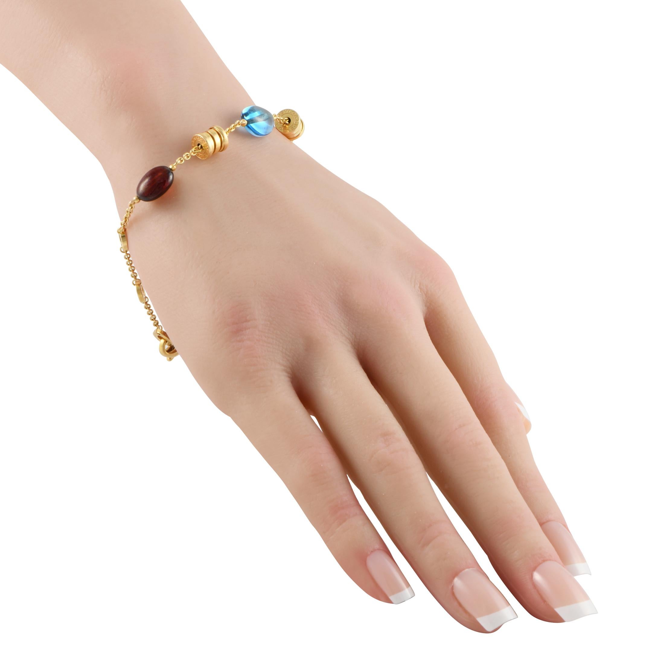 Drawing inspiration from a magnificent Roman structure, this multi-gem B.Zero1 bracelet by Bvlgari features the imposing silhouette of the Colosseum. It features golden tubular spiral links, crafted using the tubogas technique, in between a variety