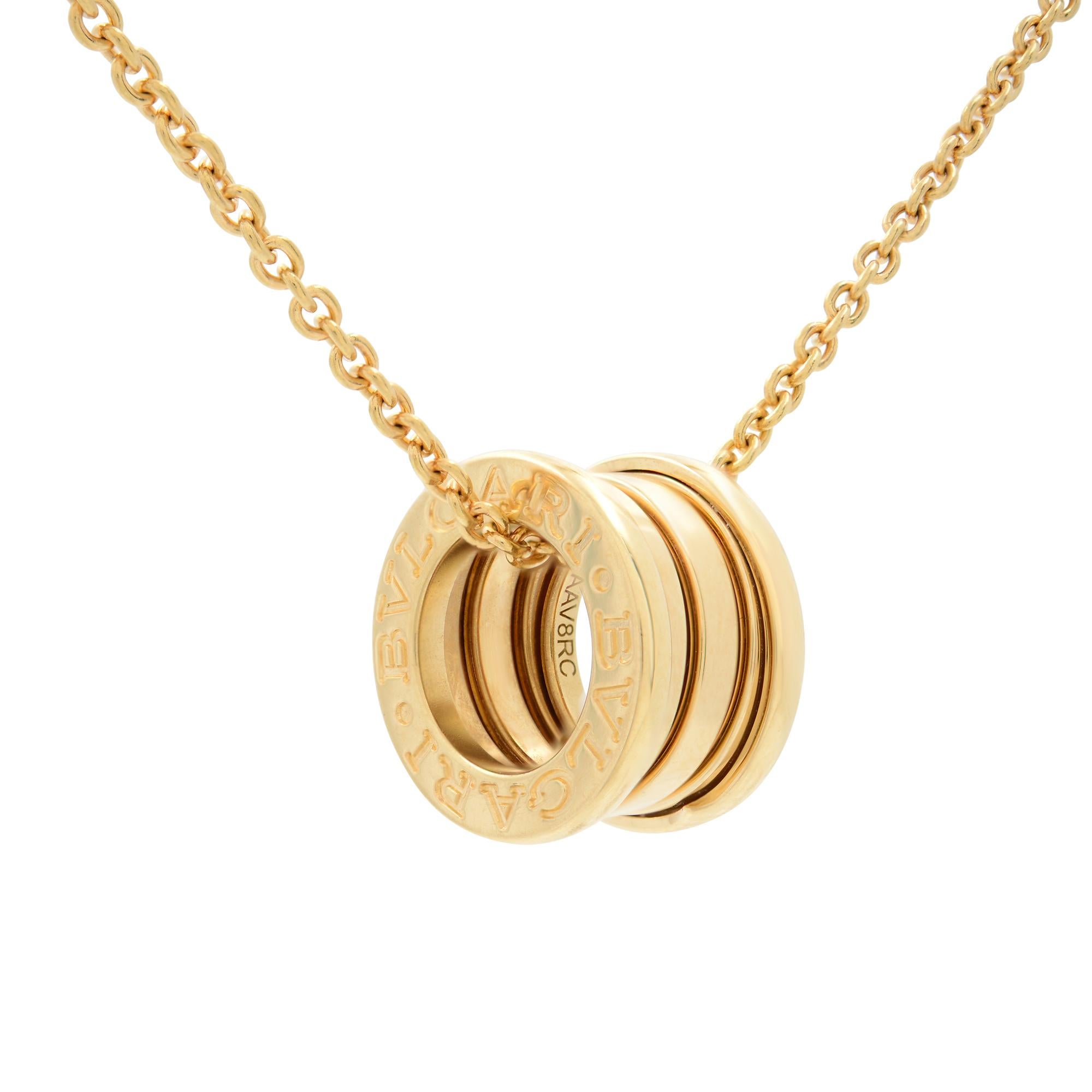 Bvlgari minimalist yet classy and elegant necklace from B.Zero 1 collection.  Crafted in 18k yellow gold, it flaunts the iconic  ring as the pendant. A delicate piece of jewelry that accents almost every outfit with grace and panache and is a