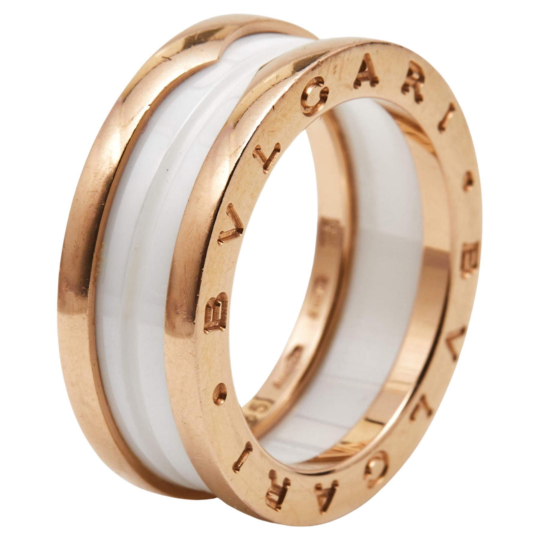 Bvlgari B.Zero1 2-Band White Ceramic 18k Rose Gold Band Ring Size 55