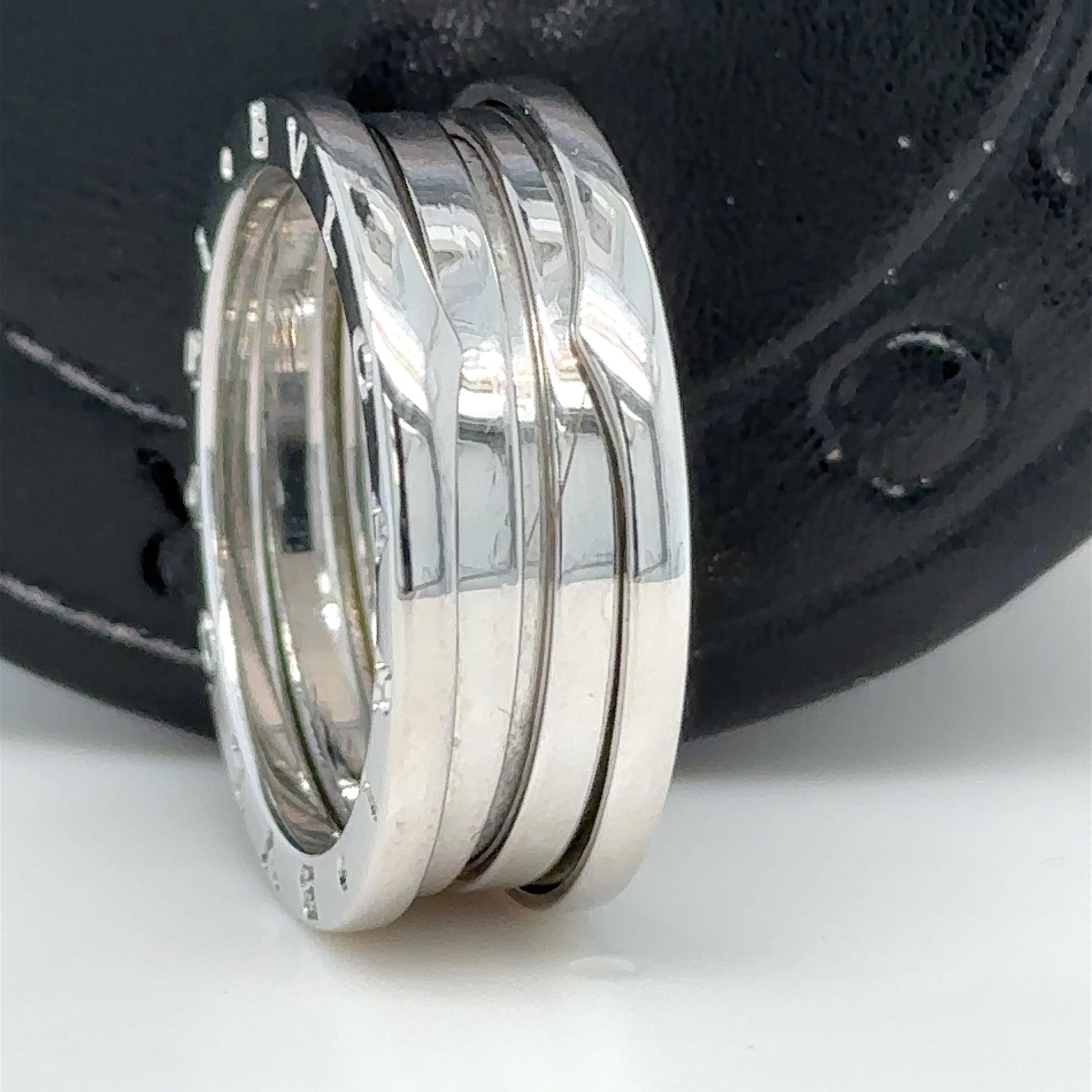 A Bvlgari Ring

Bvlgari B.ZERO1 three band ring. Made of 18 kt White Gold, ring size 64, and weighing 11.17gm. Stamped: 64 Made in Italy 750 22337AL Bvlgari

Metal: 18k White Gold
Carat: N/A
Colour: N/A
Clarity:  N/A
Cut: N/A
Weight: 11.17