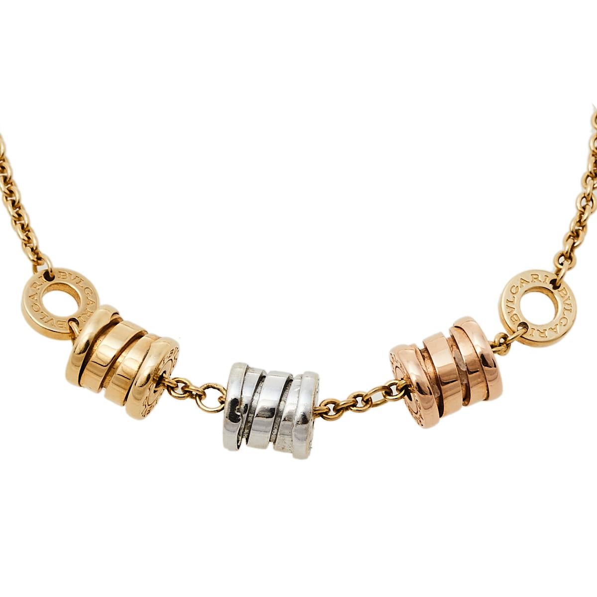 Adorn your wrist with this stunner of a bracelet from Bvlgari. The piece is from their B.Zero1 collection and has been crafted from 18k three-tone gold. It is complete with the brand's lettering on the contours. The collection has been designed by