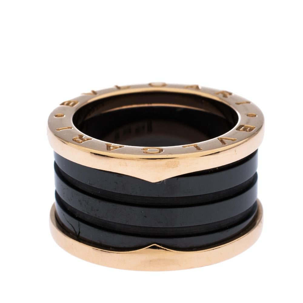 For the woman who has a refined taste in fine jewellery, Bvlgari brings her this immaculately crafted ring that has been made to be praised. The ring has a rather modern style of 4 bands in 18k rose gold and black ceramic. It is a beautiful creation