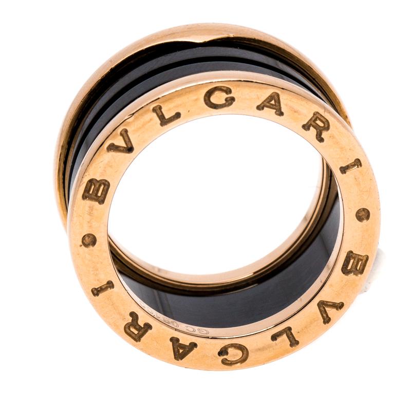 Bvlgari B.Zero1 4-Band Black Ceramic 18K Rose Gold Band Ring Size 51 In Good Condition In Dubai, Al Qouz 2