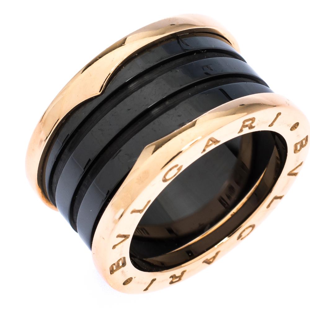 Women's Bvlgari B.Zero1 4-Band Black Ceramic 18K Rose Gold Band Ring Size 51
